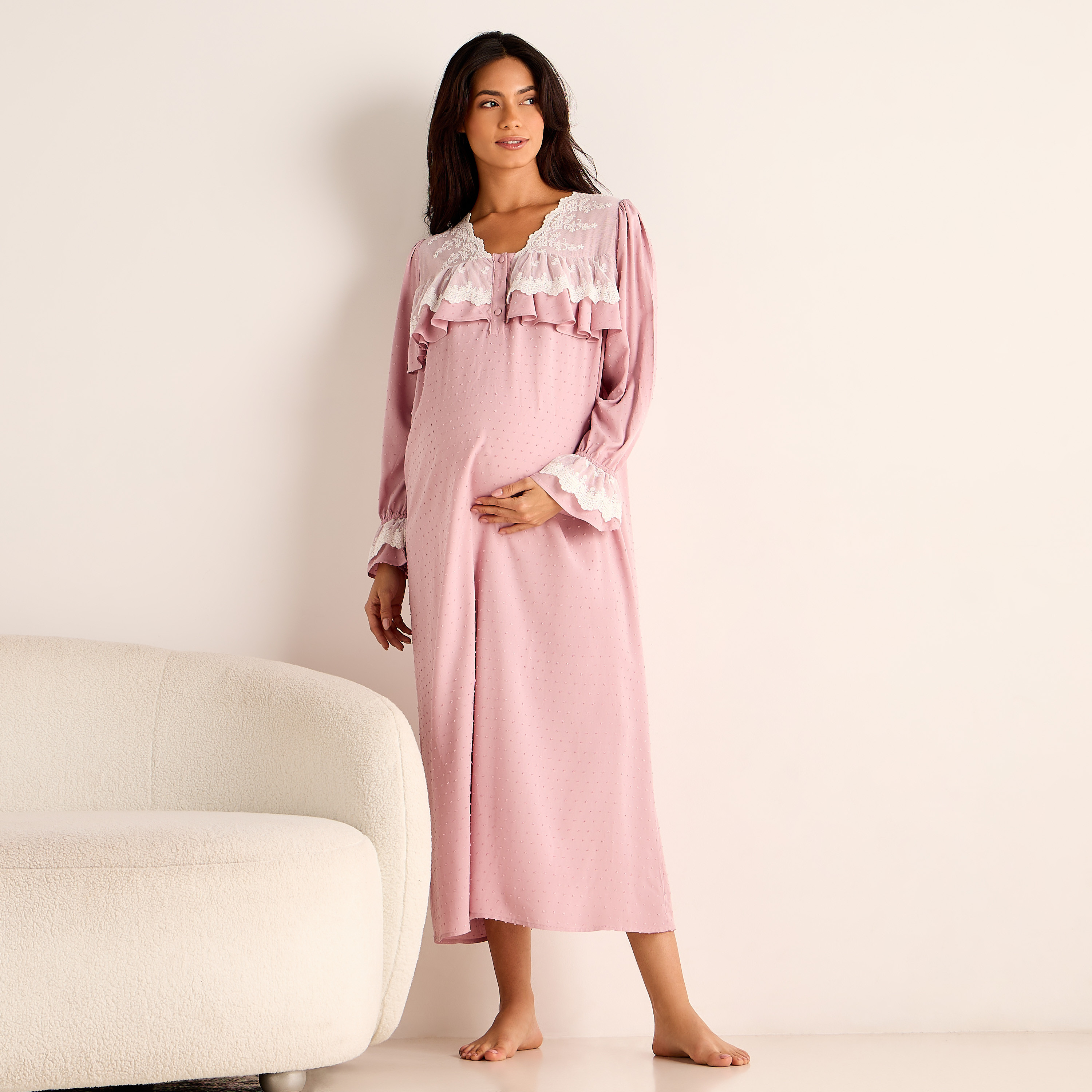 Lace Trim Maternity Night Dress-women-clothing-maternity-nightwear-image-1
