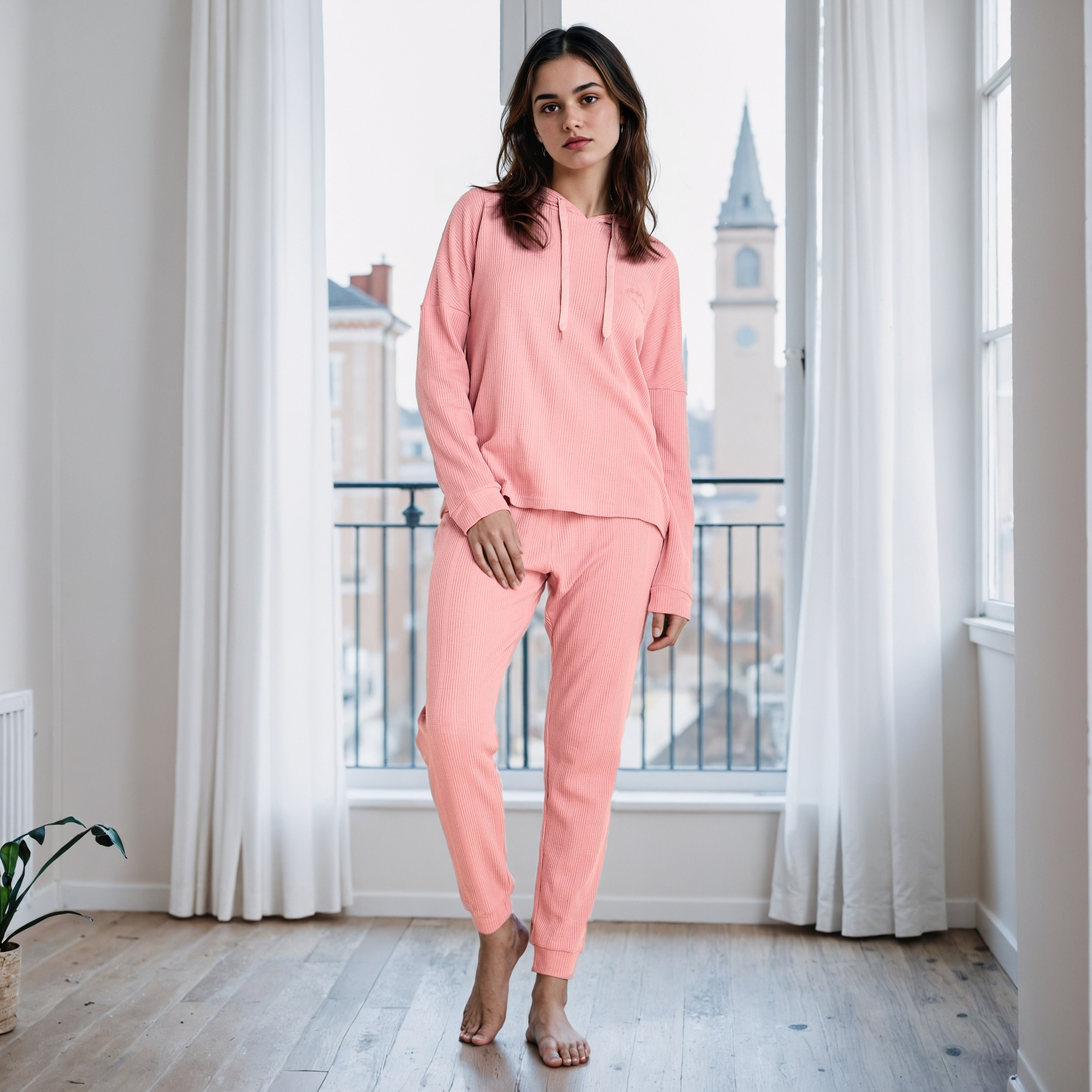طقم بيجاما بنمط وافل بارز الملمس-women-clothing-nightwear-pyjamas-longsets-image-1