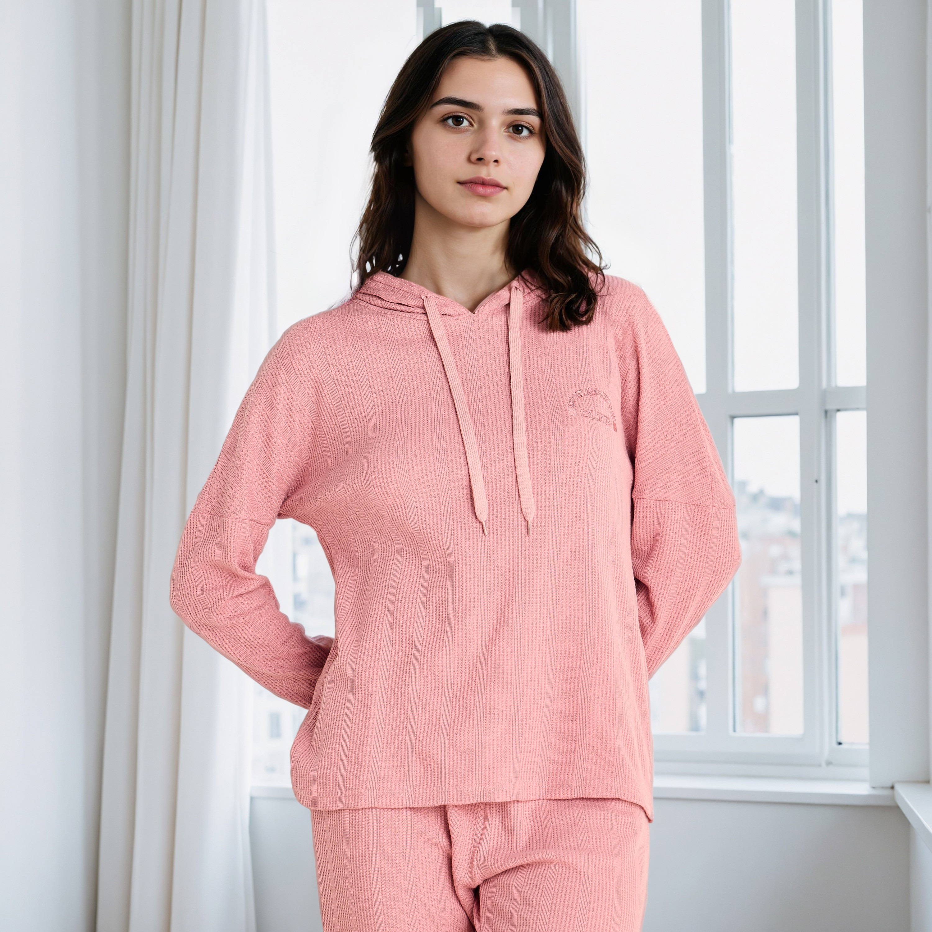 طقم بيجاما بنمط وافل بارز الملمس-women-clothing-nightwear-pyjamas-longsets-image-2