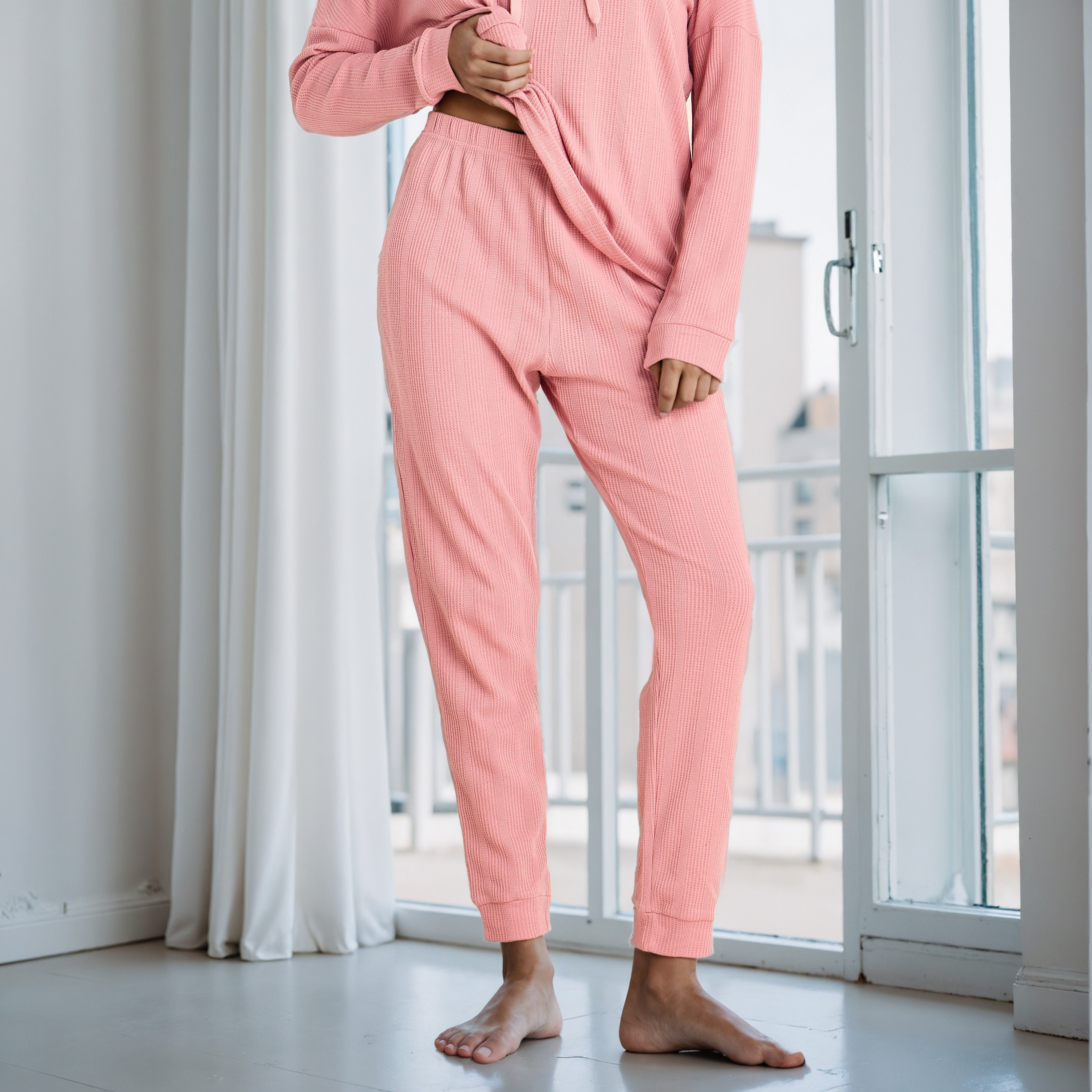 طقم بيجاما بنمط وافل بارز الملمس-women-clothing-nightwear-pyjamas-longsets-image-3