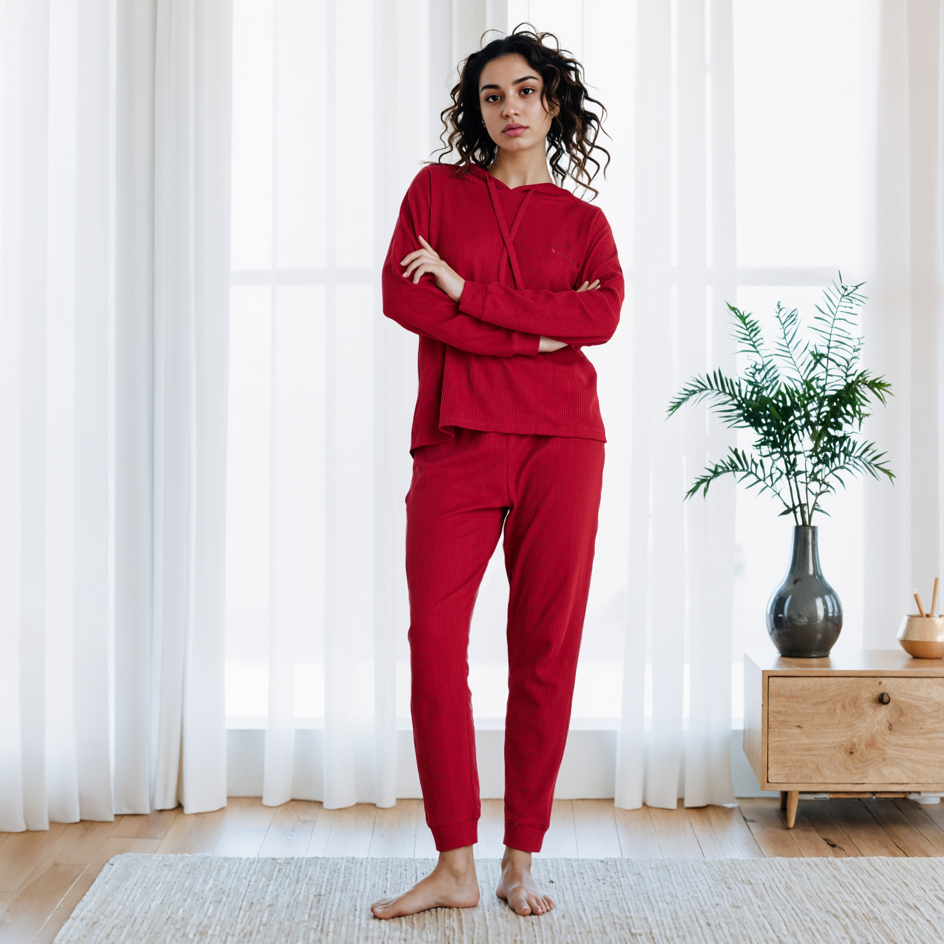 طقم بيجاما بنمط وافل بارز الملمس-women-clothing-nightwear-pyjamas-longsets-image-1