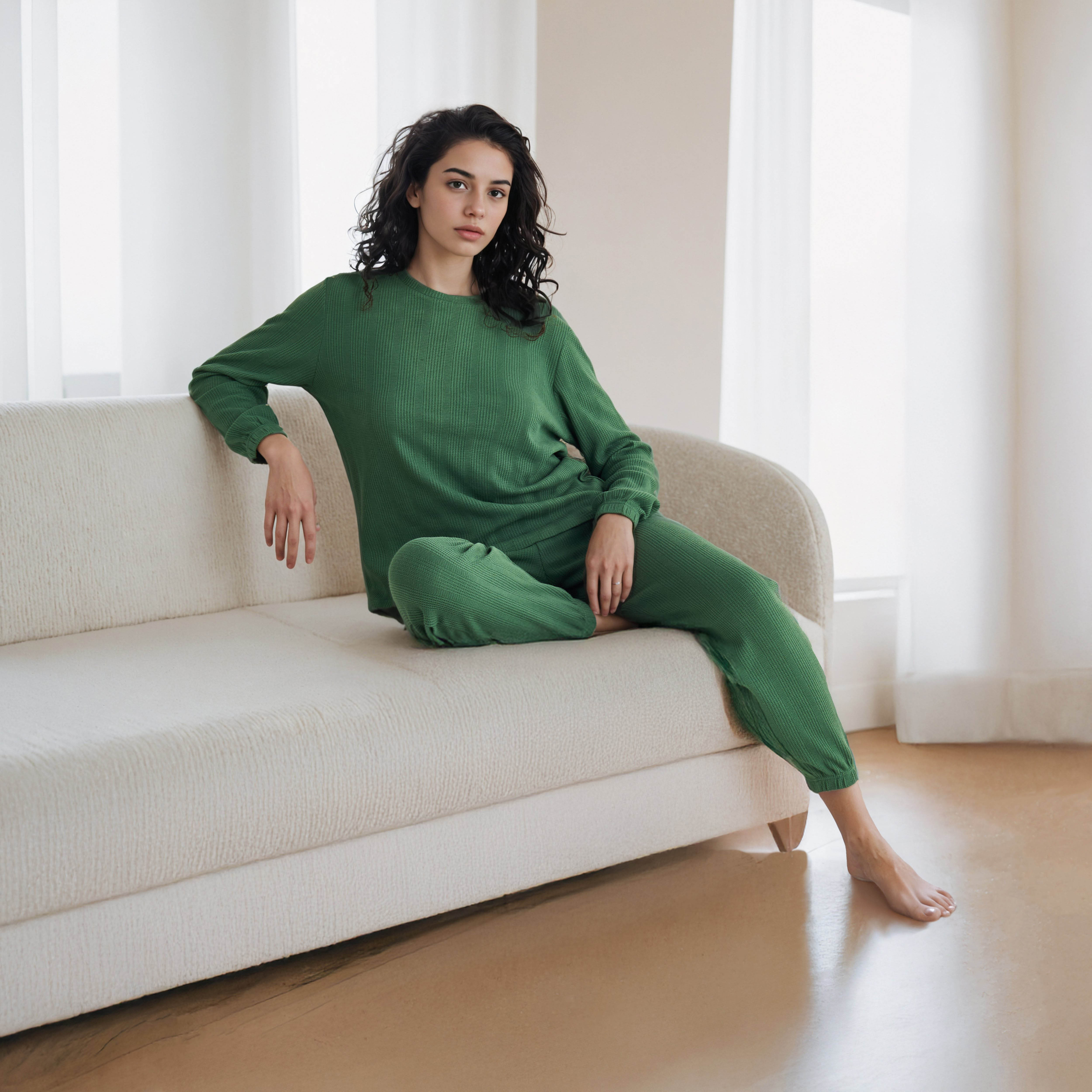 طقم بيجاما بنمط وافل بارز الملمس-women-clothing-nightwear-pyjamas-longsets-image-1