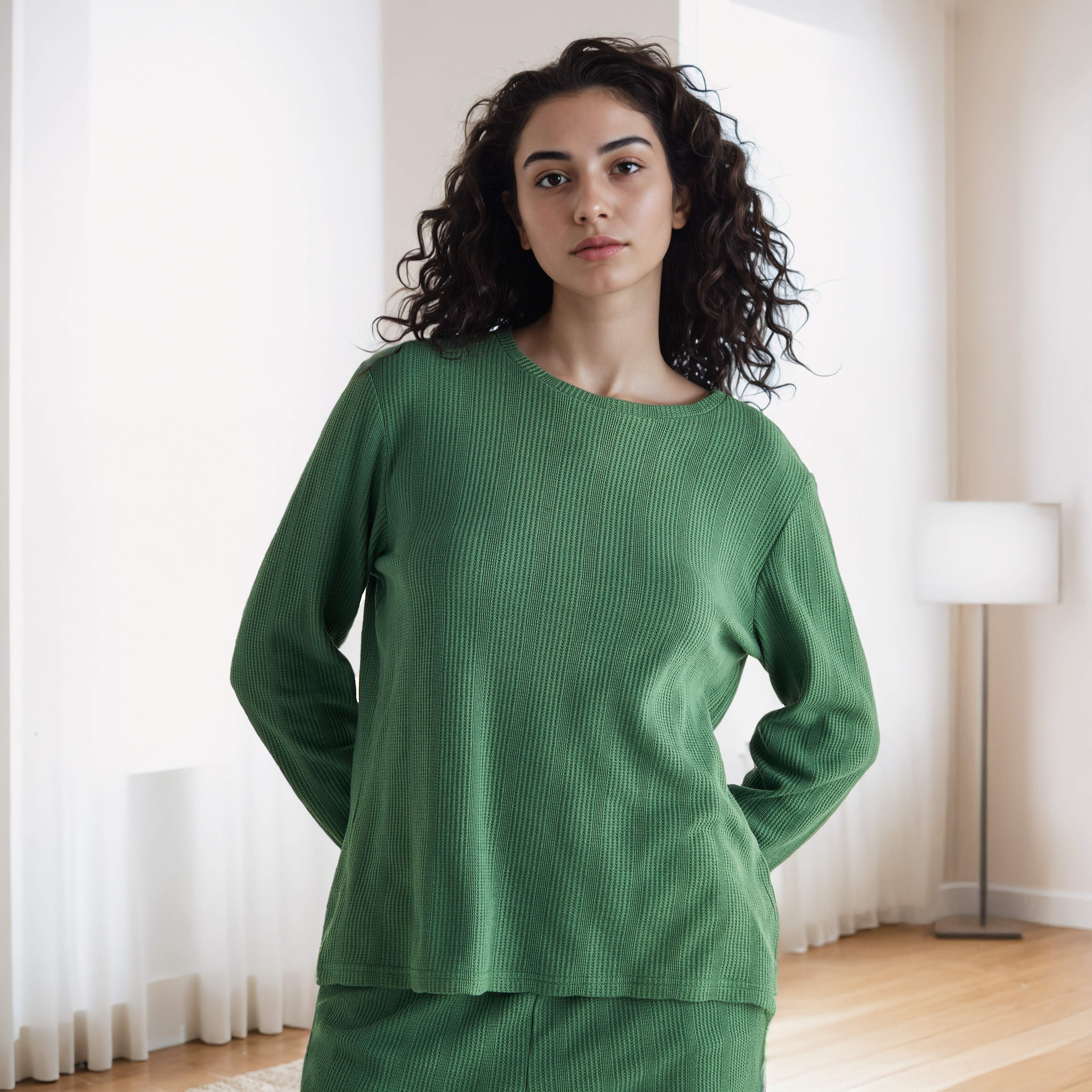 طقم بيجاما بنمط وافل بارز الملمس-women-clothing-nightwear-pyjamas-longsets-image-2