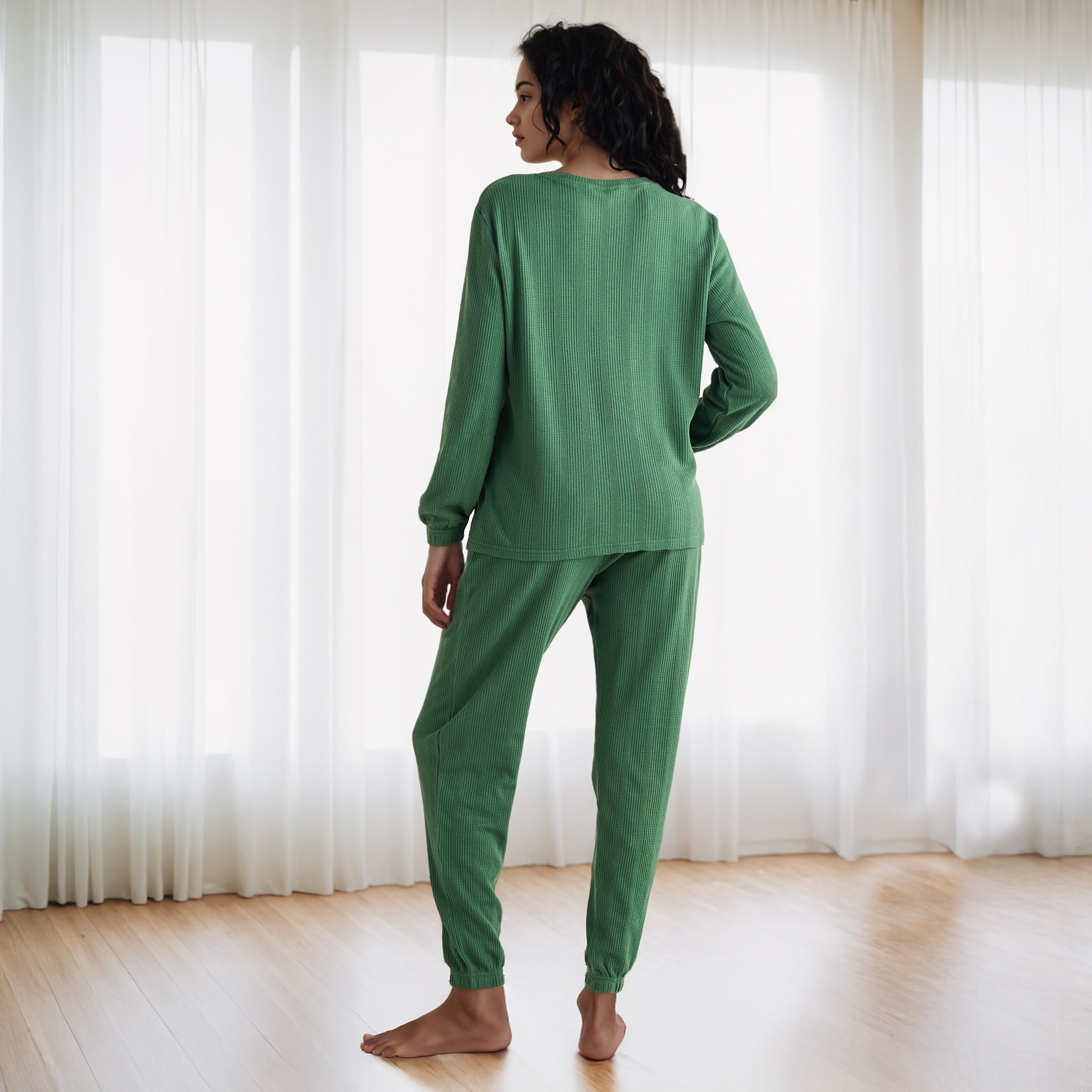طقم بيجاما بنمط وافل بارز الملمس-women-clothing-nightwear-pyjamas-longsets-image-4