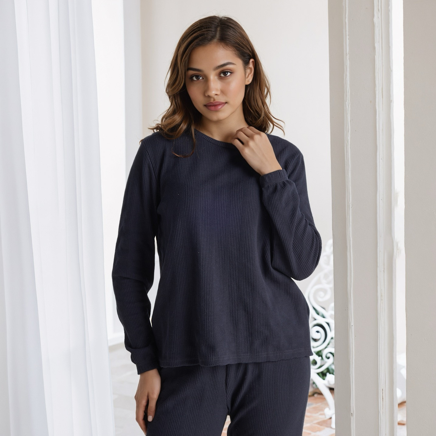 طقم بيجاما بنمط وافل بارز الملمس-women-clothing-nightwear-pyjamas-longsets-image-2