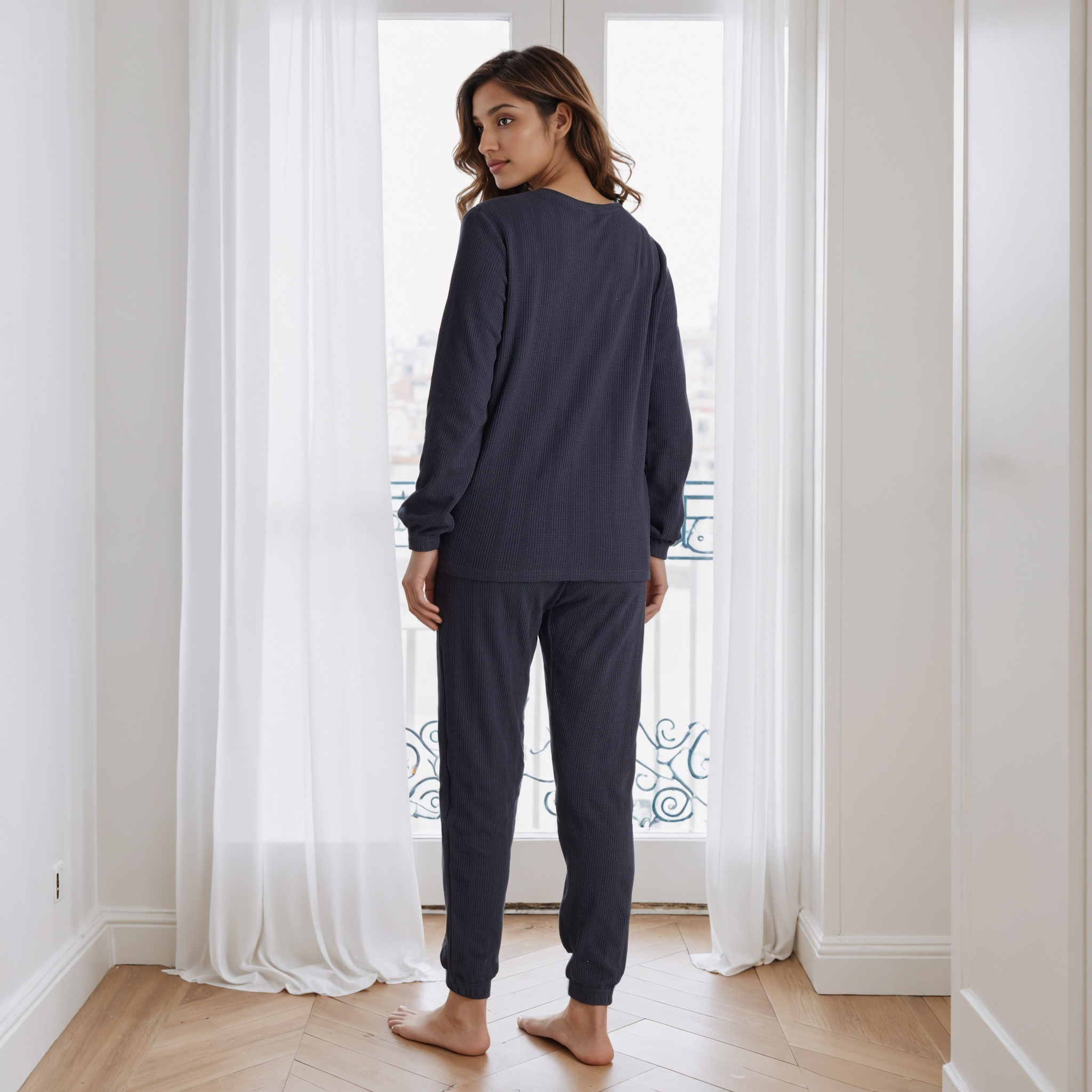 طقم بيجاما بنمط وافل بارز الملمس-women-clothing-nightwear-pyjamas-longsets-image-4