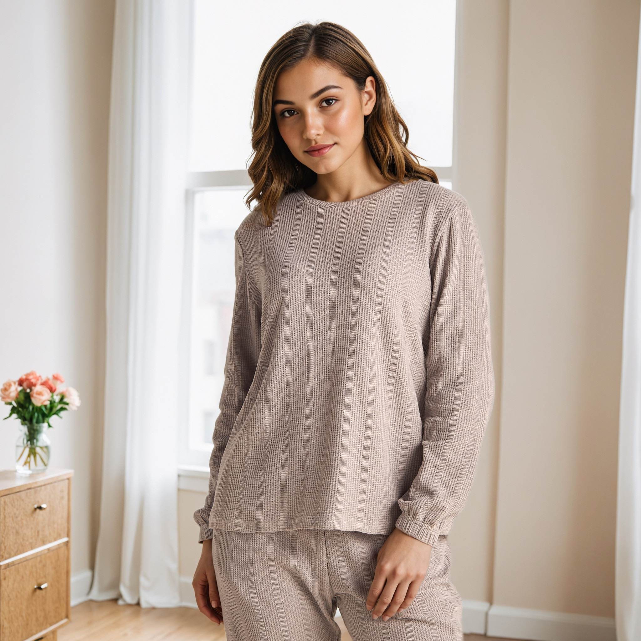 طقم بيجاما بنمط وافل بارز الملمس-women-clothing-nightwear-pyjamas-longsets-image-2