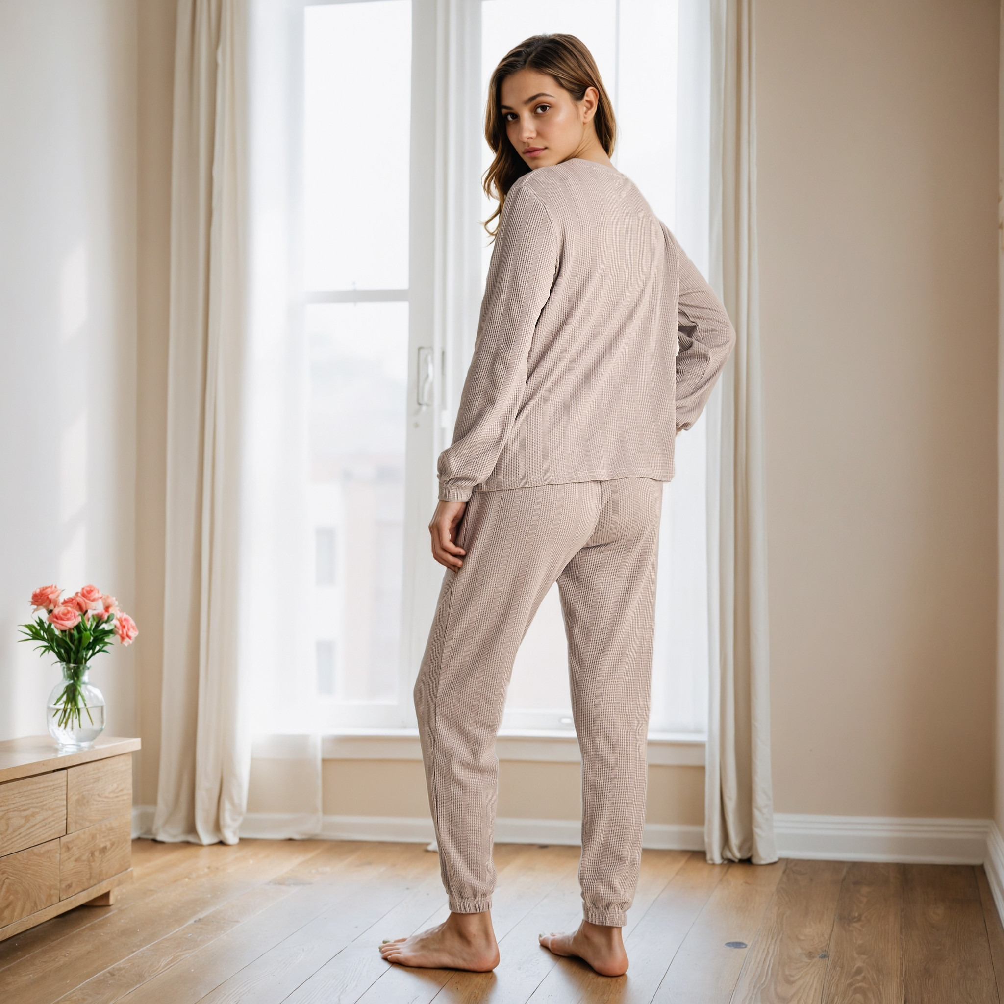طقم بيجاما بنمط وافل بارز الملمس-women-clothing-nightwear-pyjamas-longsets-image-4