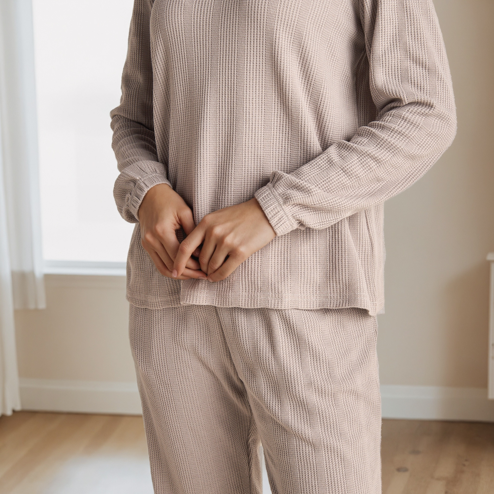 طقم بيجاما بنمط وافل بارز الملمس-women-clothing-nightwear-pyjamas-longsets-image-5