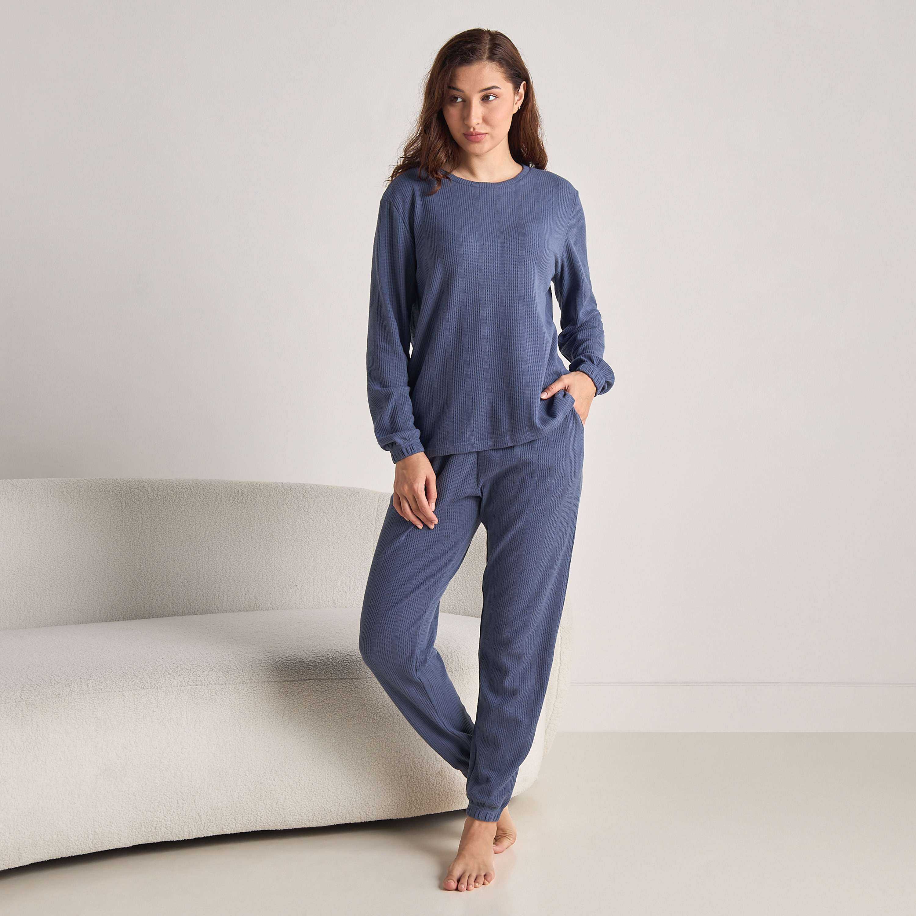 طقم بيجاما بنمط وافل بارز الملمس-women-clothing-nightwear-pyjamas-longsets-image-1