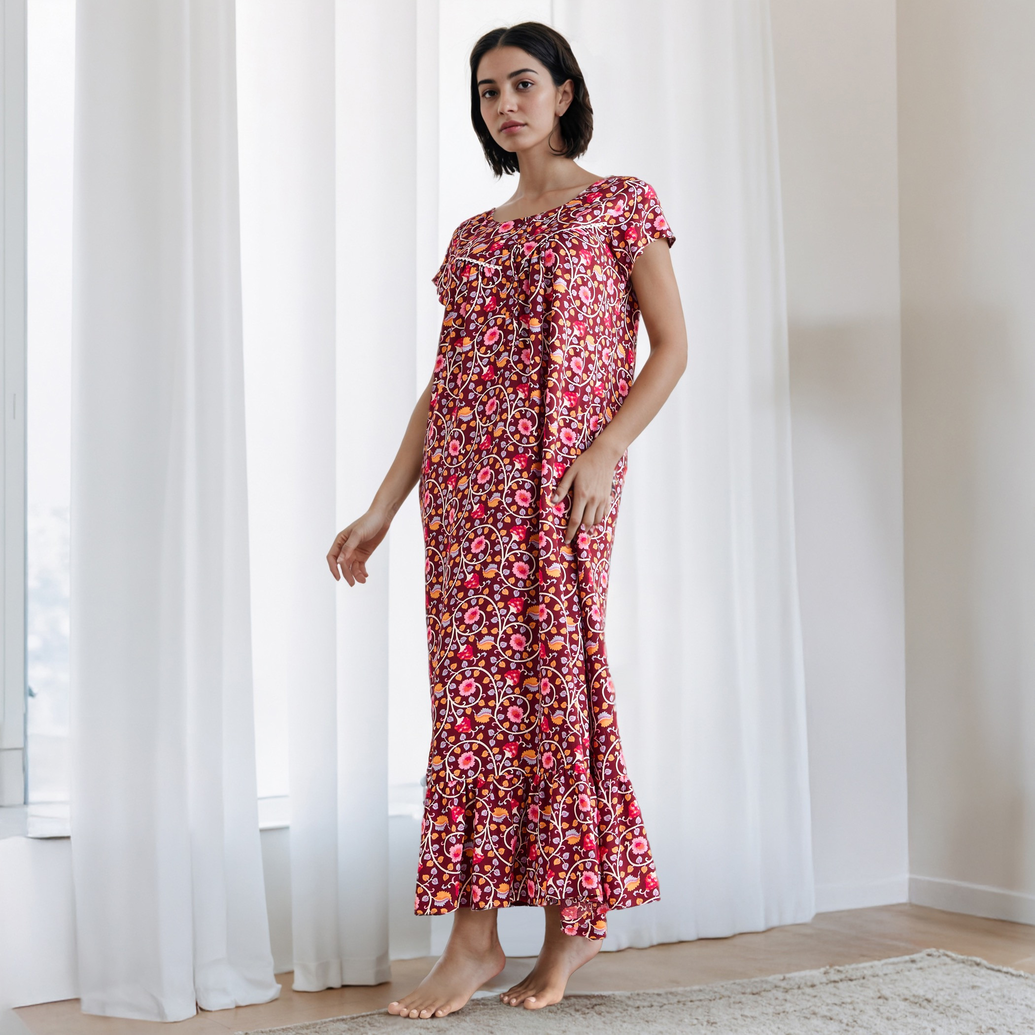 Floral Print Viscose Night Gown-women-clothing-nightwear-nighties-image-1
