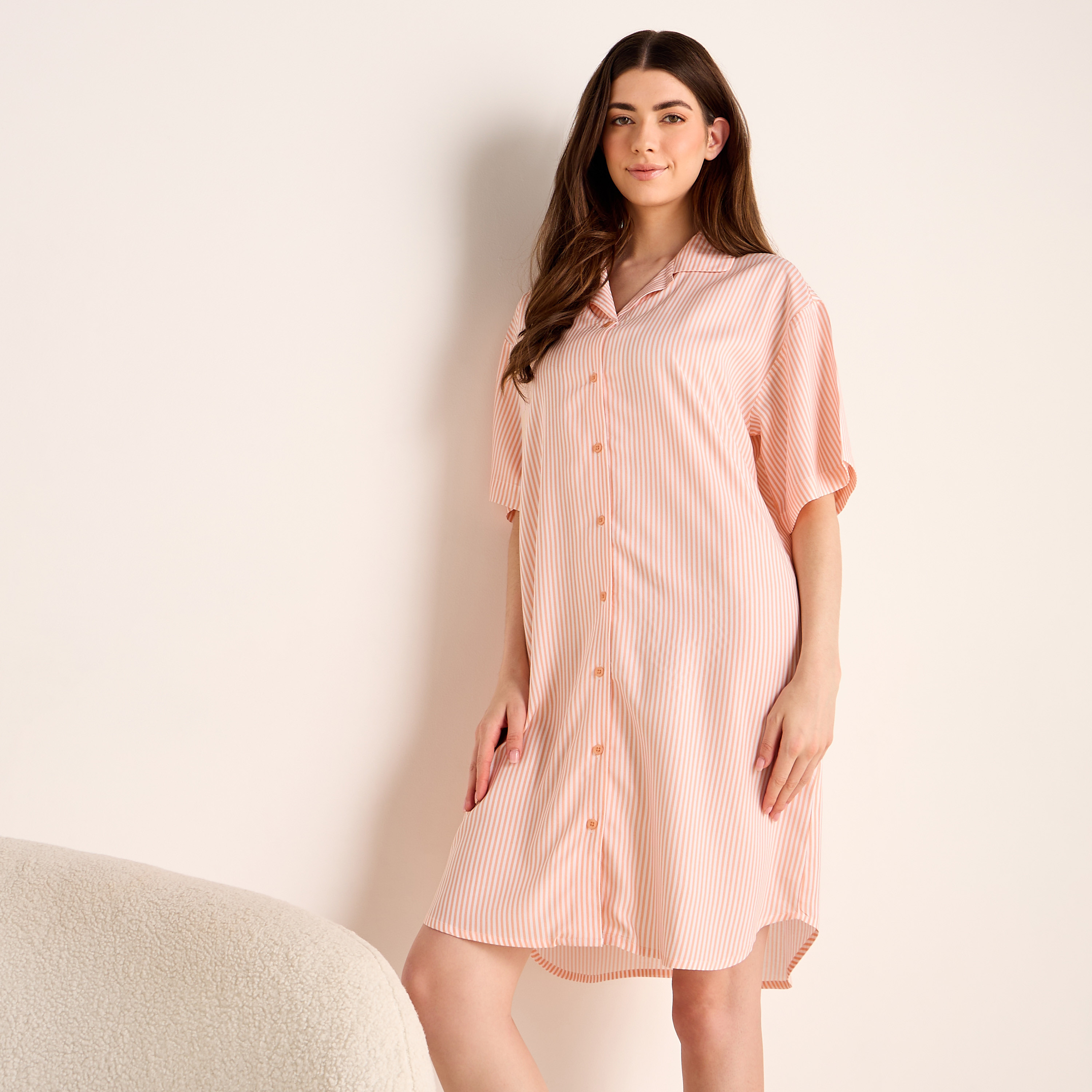Striped Notch Collar Viscose Sleepshirt-women-clothing-nightwear-nighties-image-1