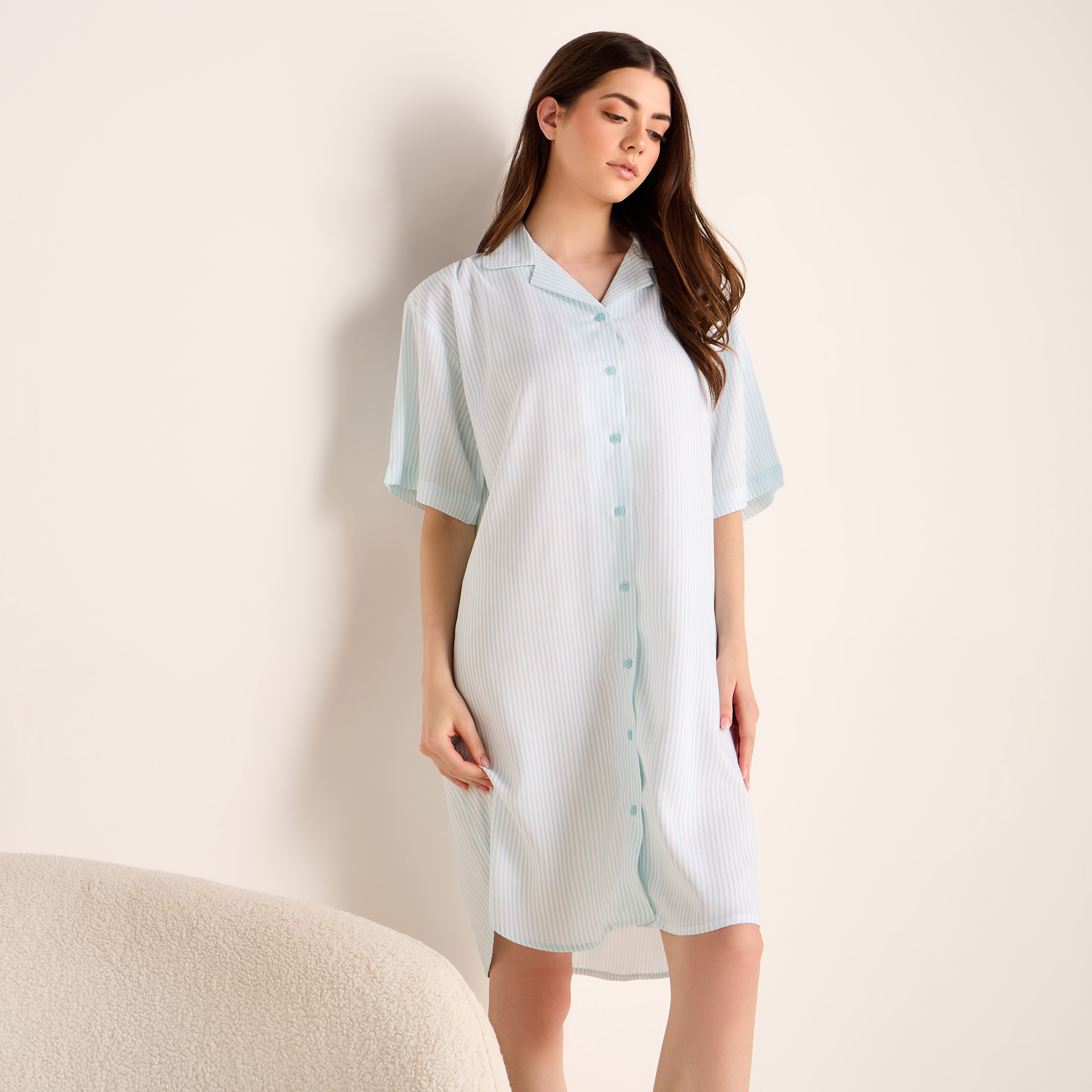 Striped Notch Collar Viscose Sleepshirt-women-clothing-nightwear-nighties-image-1