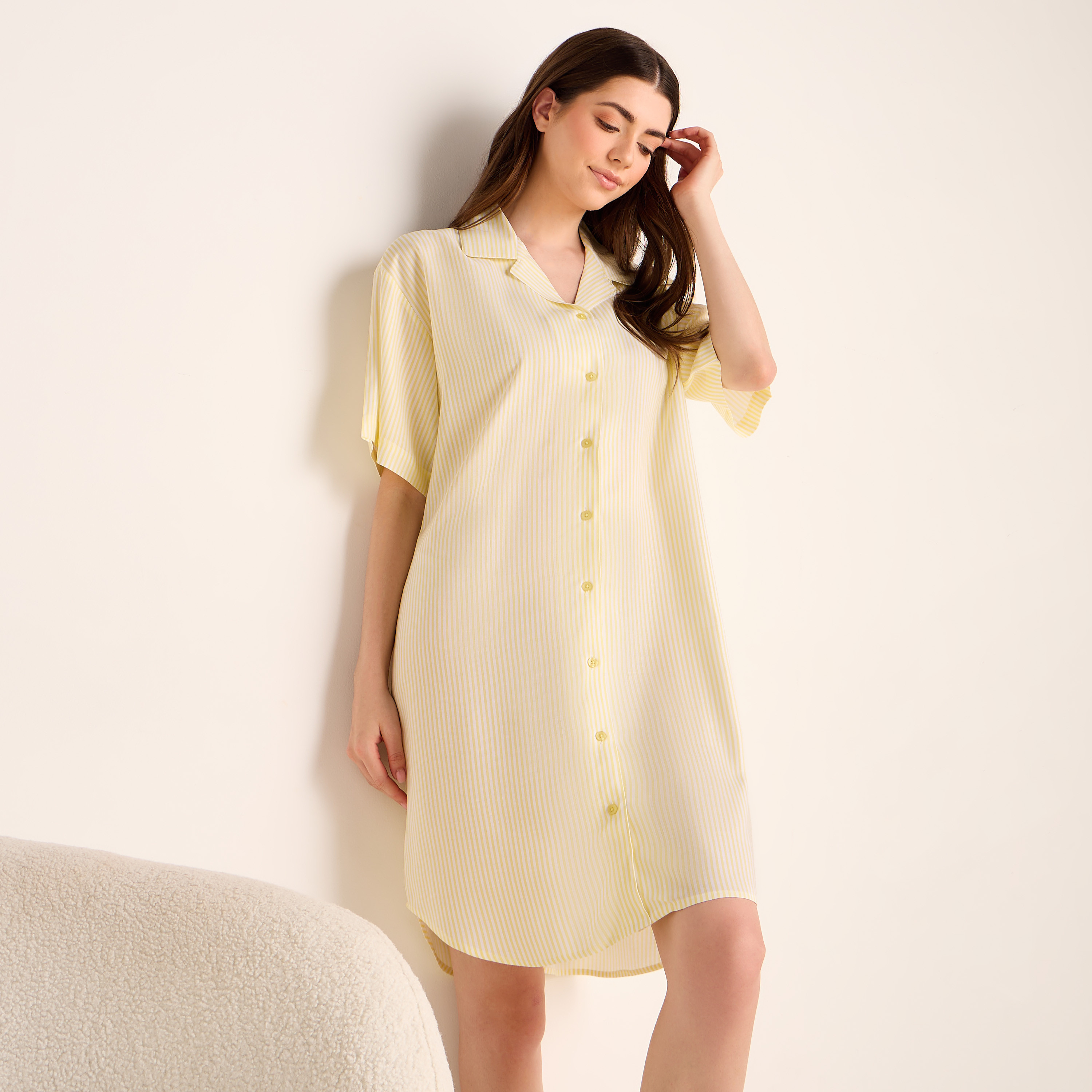 Striped Notch Collar Viscose Sleepshirt-women-clothing-nightwear-nighties-image-1