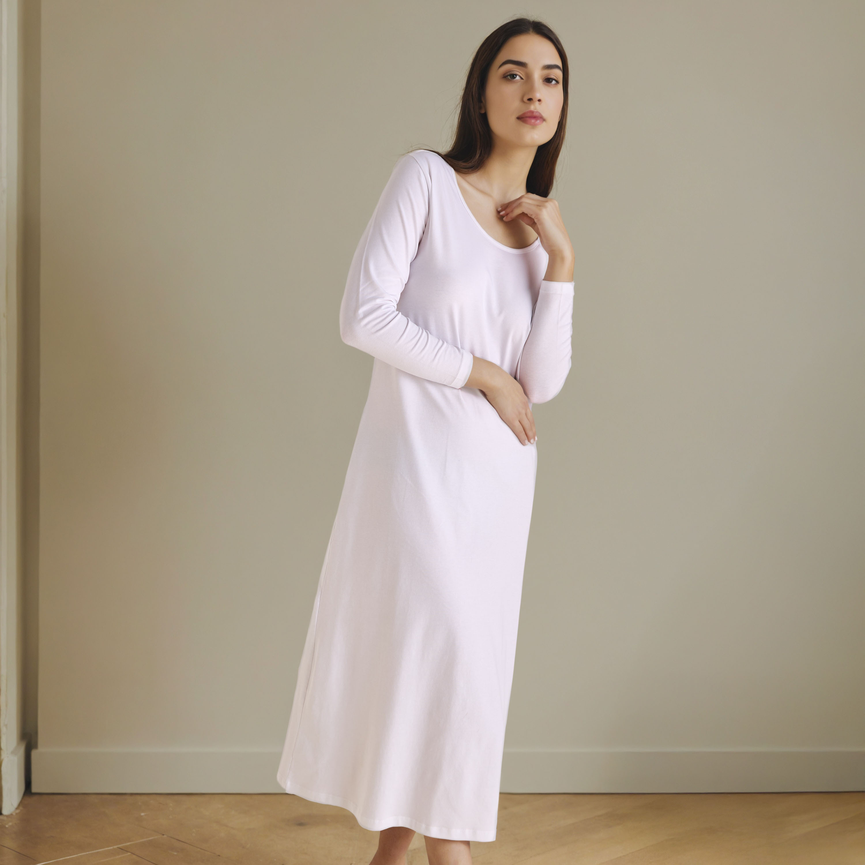 Long Sleeves Night Dress with Back Slit-women-clothing-nightwear-nighties-image-1