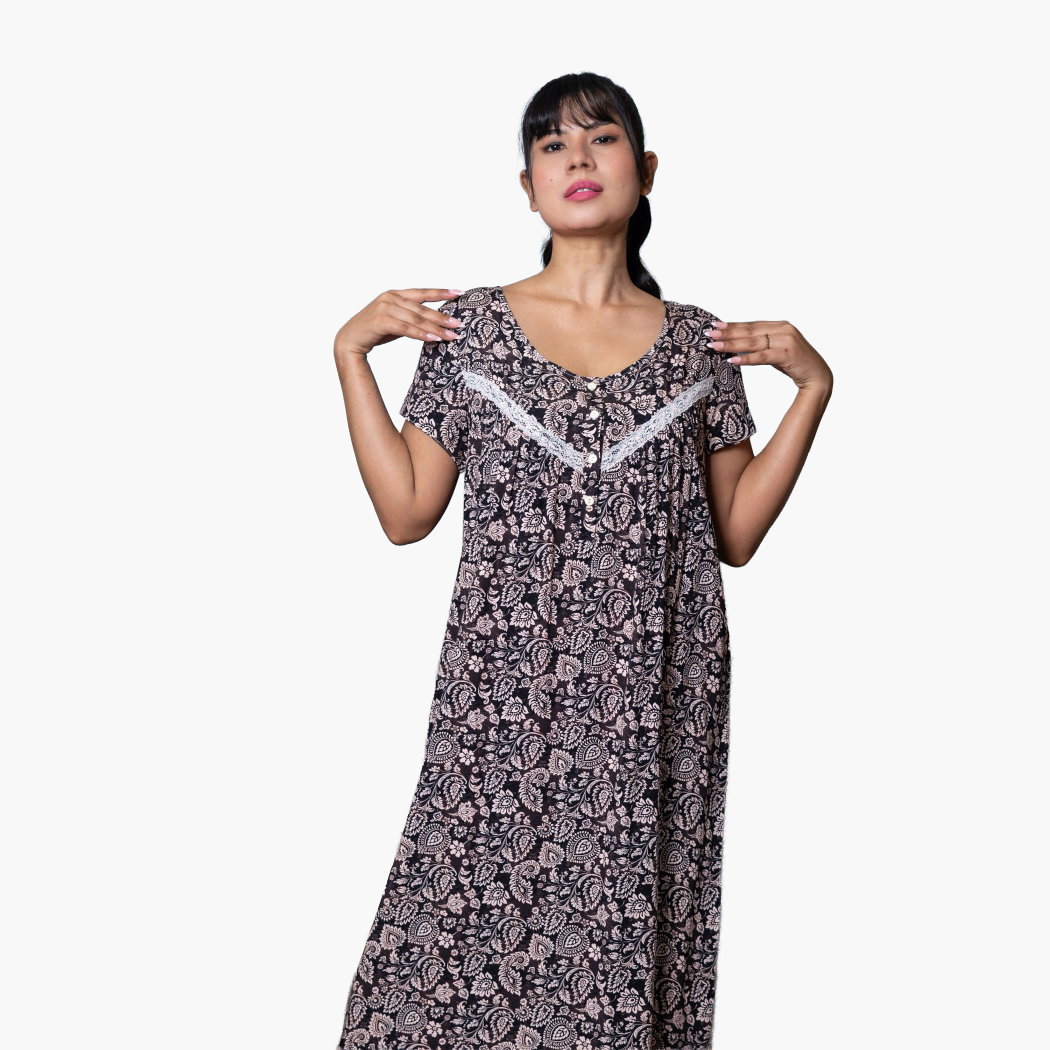 Aadaraya Night Dress Short Sleeves Printed-women-clothing-nightwear-nighties-image-2