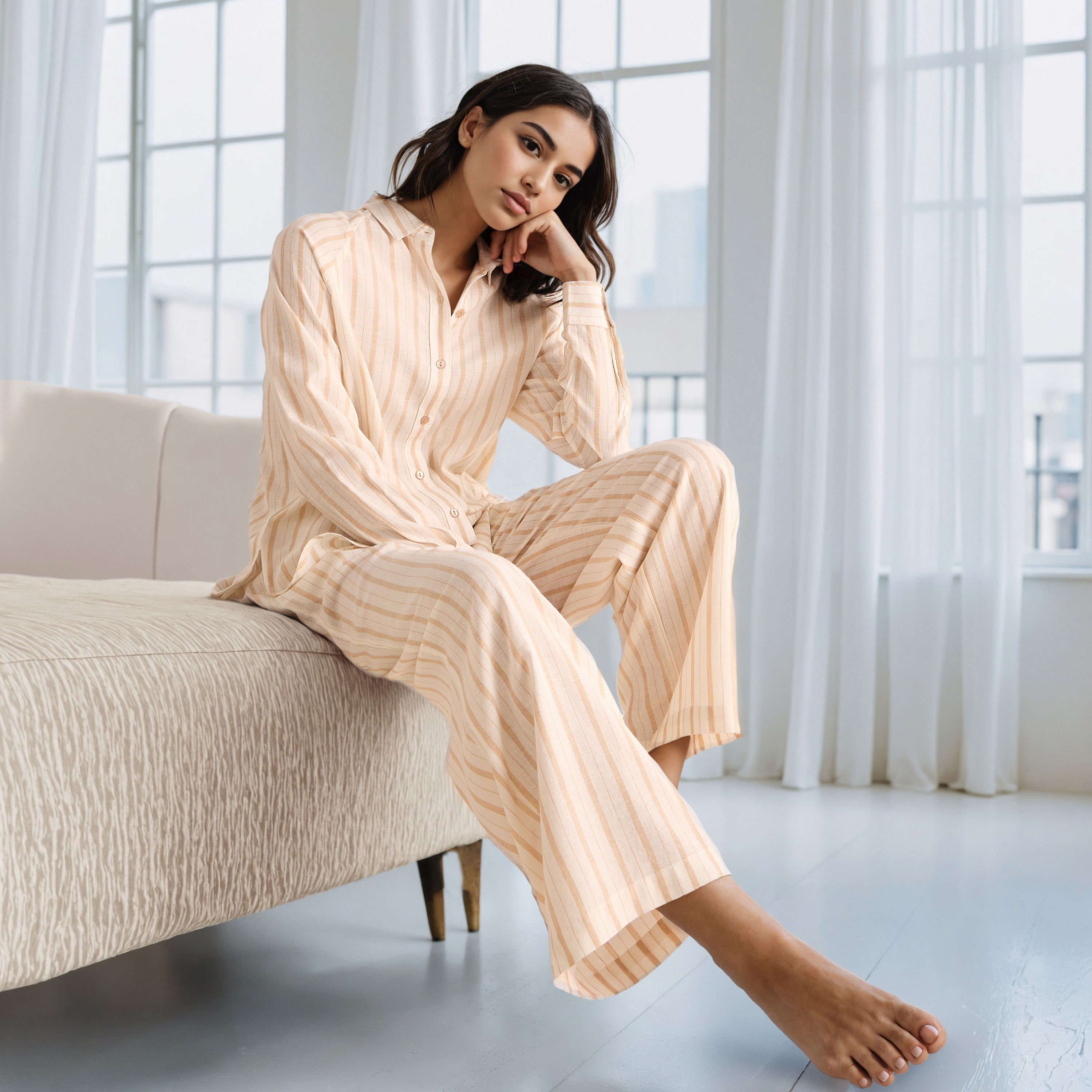 Pyjama Set Button-Down Linen Blend Shirt & Trousers-women-clothing-nightwear-pyjamas-longsets-image-1