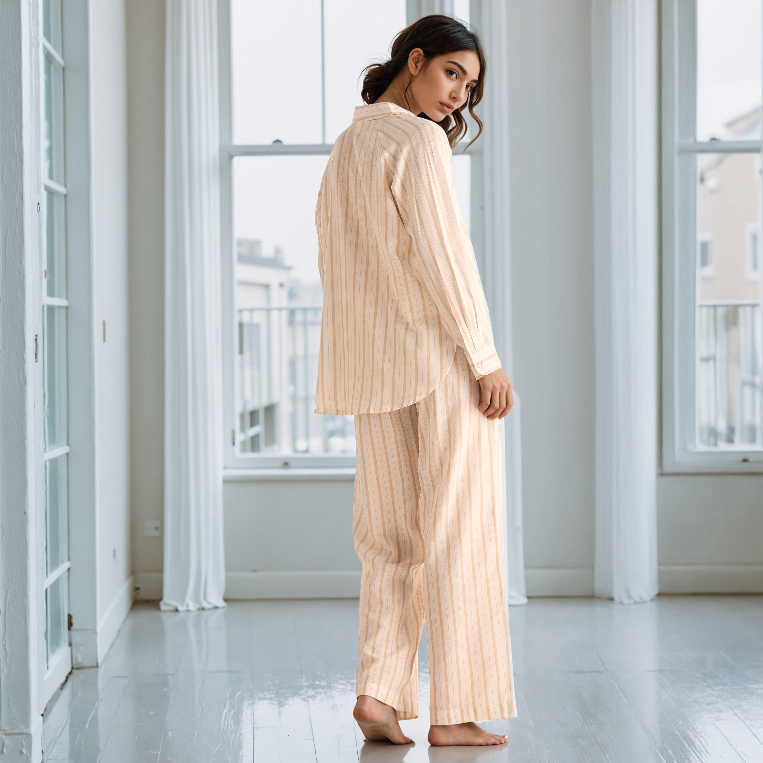 Pyjama Set Button-Down Linen Blend Shirt & Trousers-women-clothing-nightwear-pyjamas-longsets-image-2