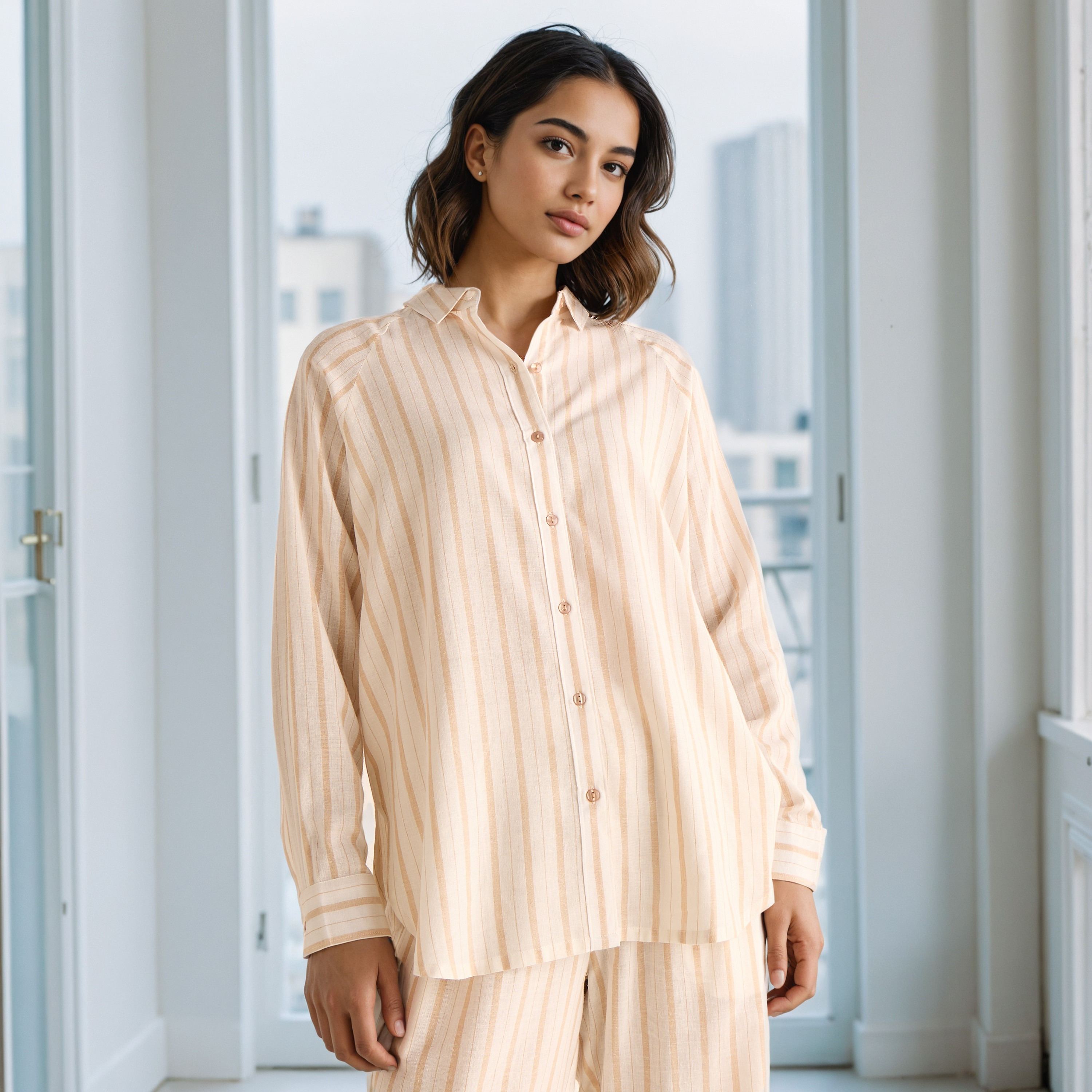 Pyjama Set Button-Down Linen Blend Shirt & Trousers-women-clothing-nightwear-pyjamas-longsets-image-3