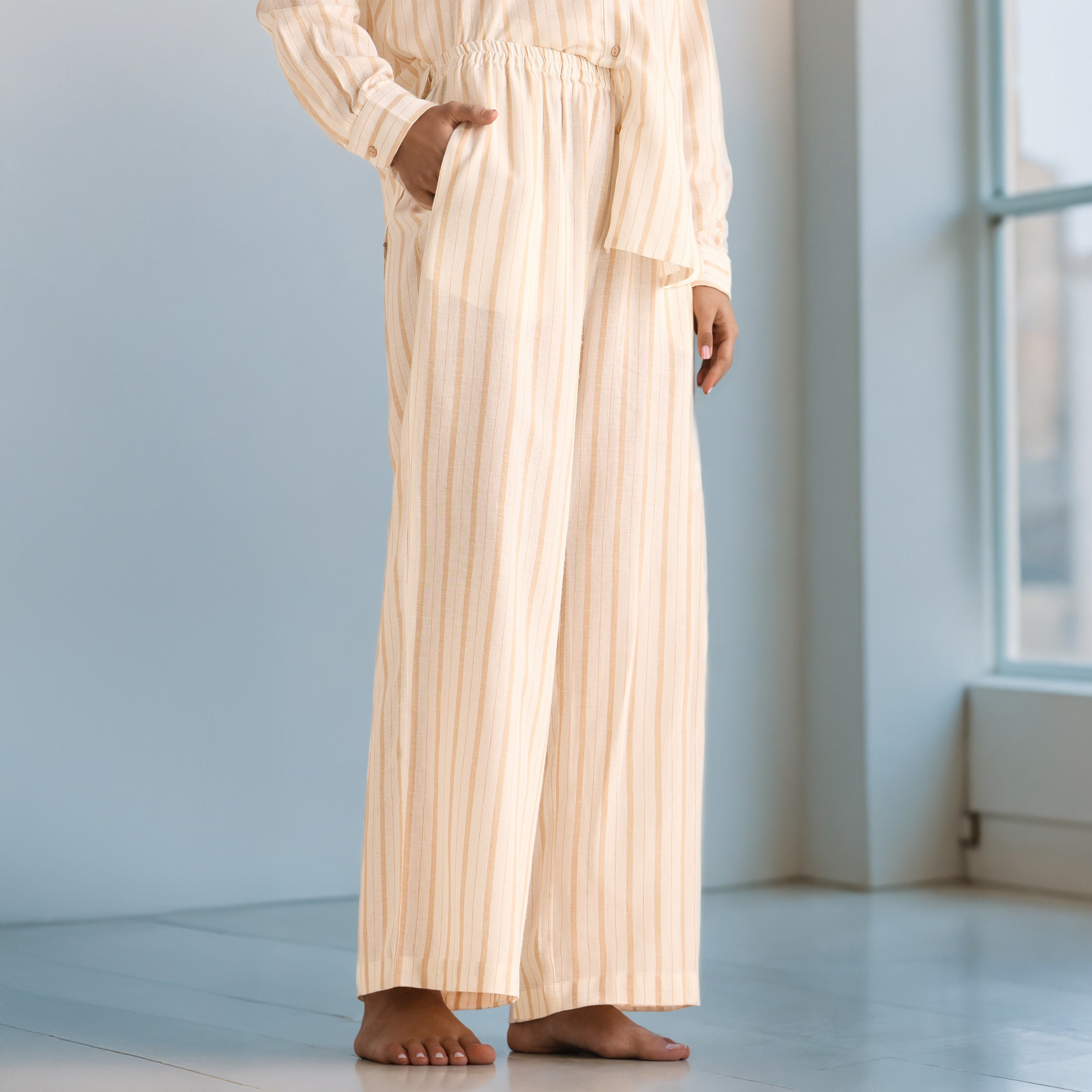 Pyjama Set Button-Down Linen Blend Shirt & Trousers-women-clothing-nightwear-pyjamas-longsets-image-4