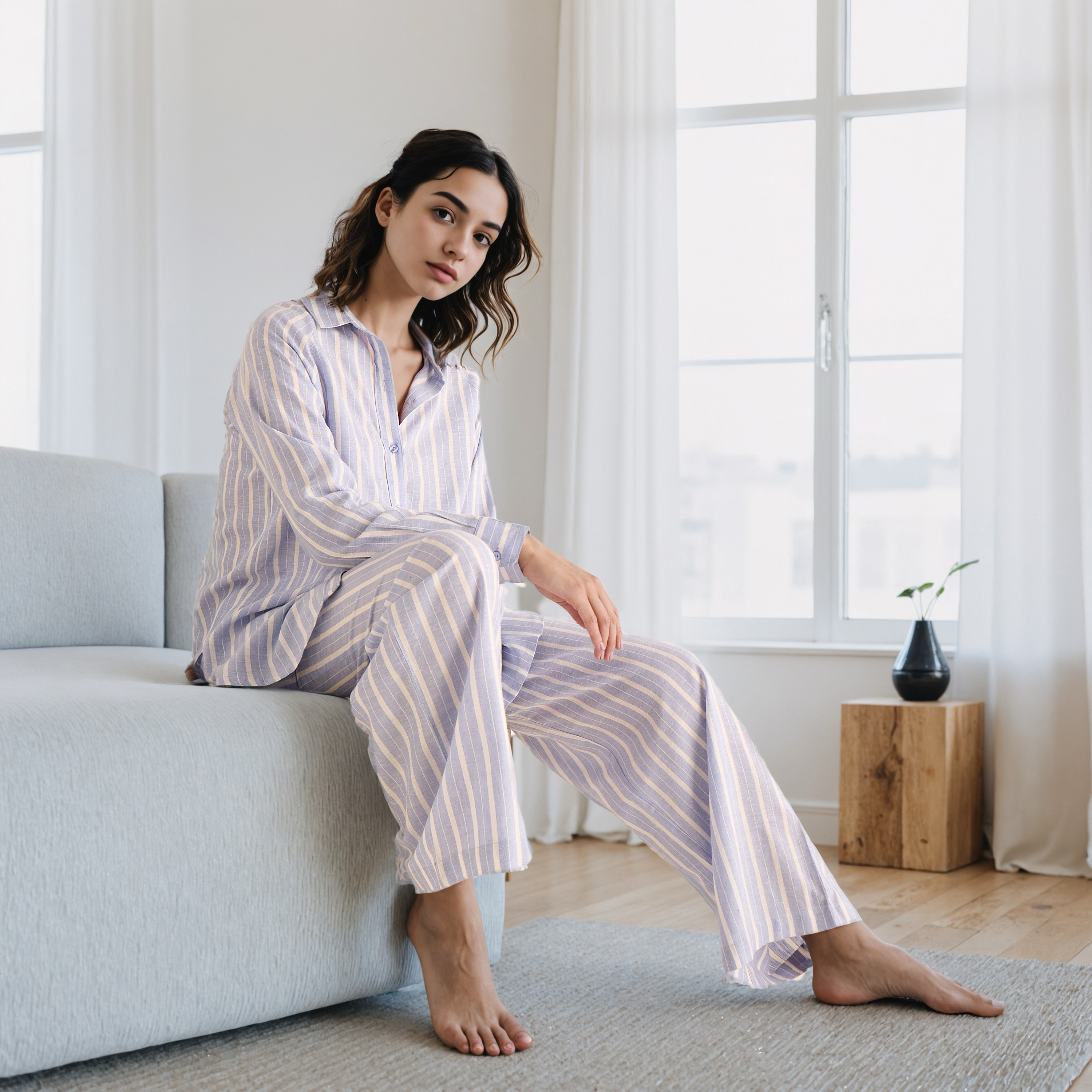 Pyjama Set Button-Down Linen Blend Shirt & Trousers-women-clothing-nightwear-pyjamas-longsets-image-1