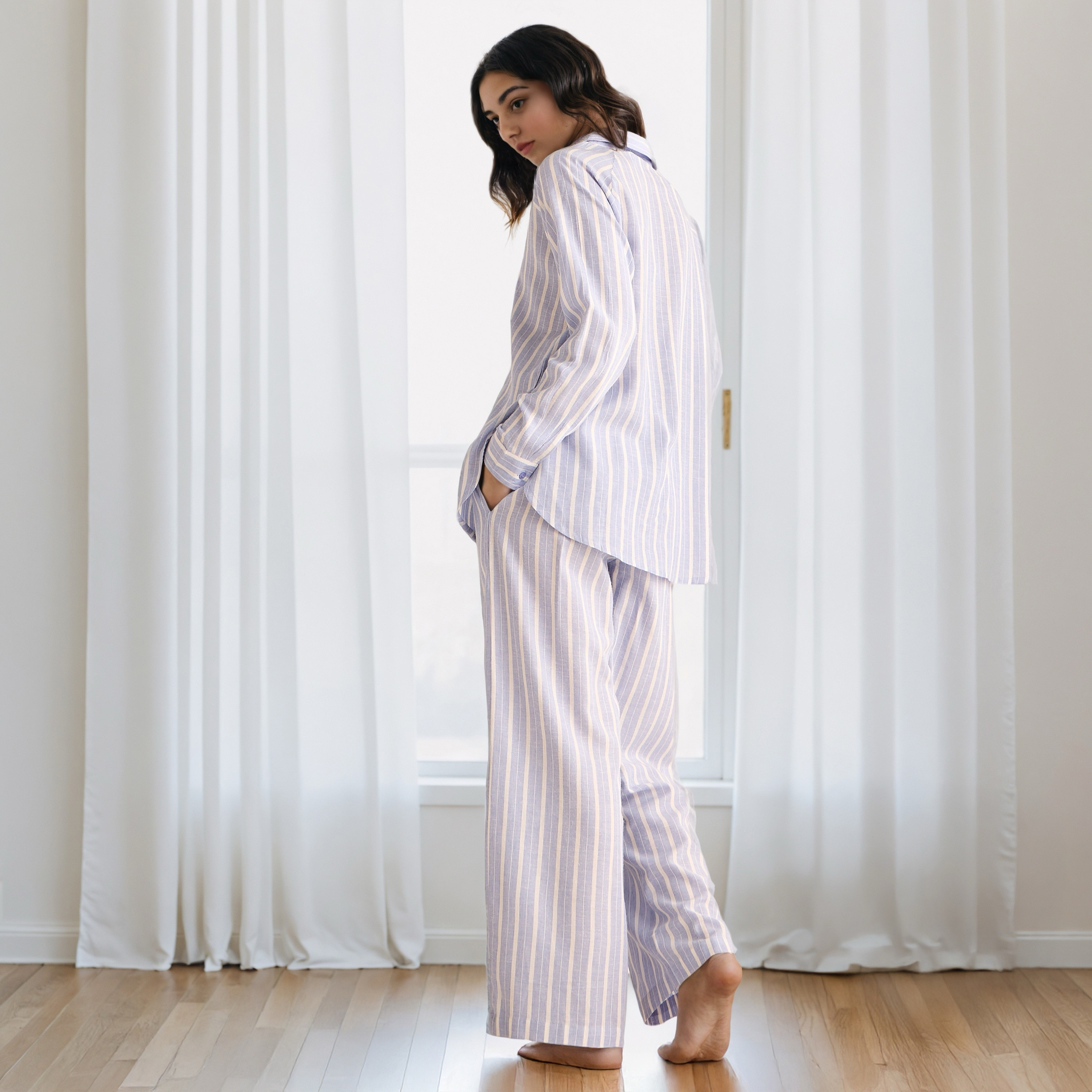 Pyjama Set Button-Down Linen Blend Shirt & Trousers-women-clothing-nightwear-pyjamas-longsets-image-2