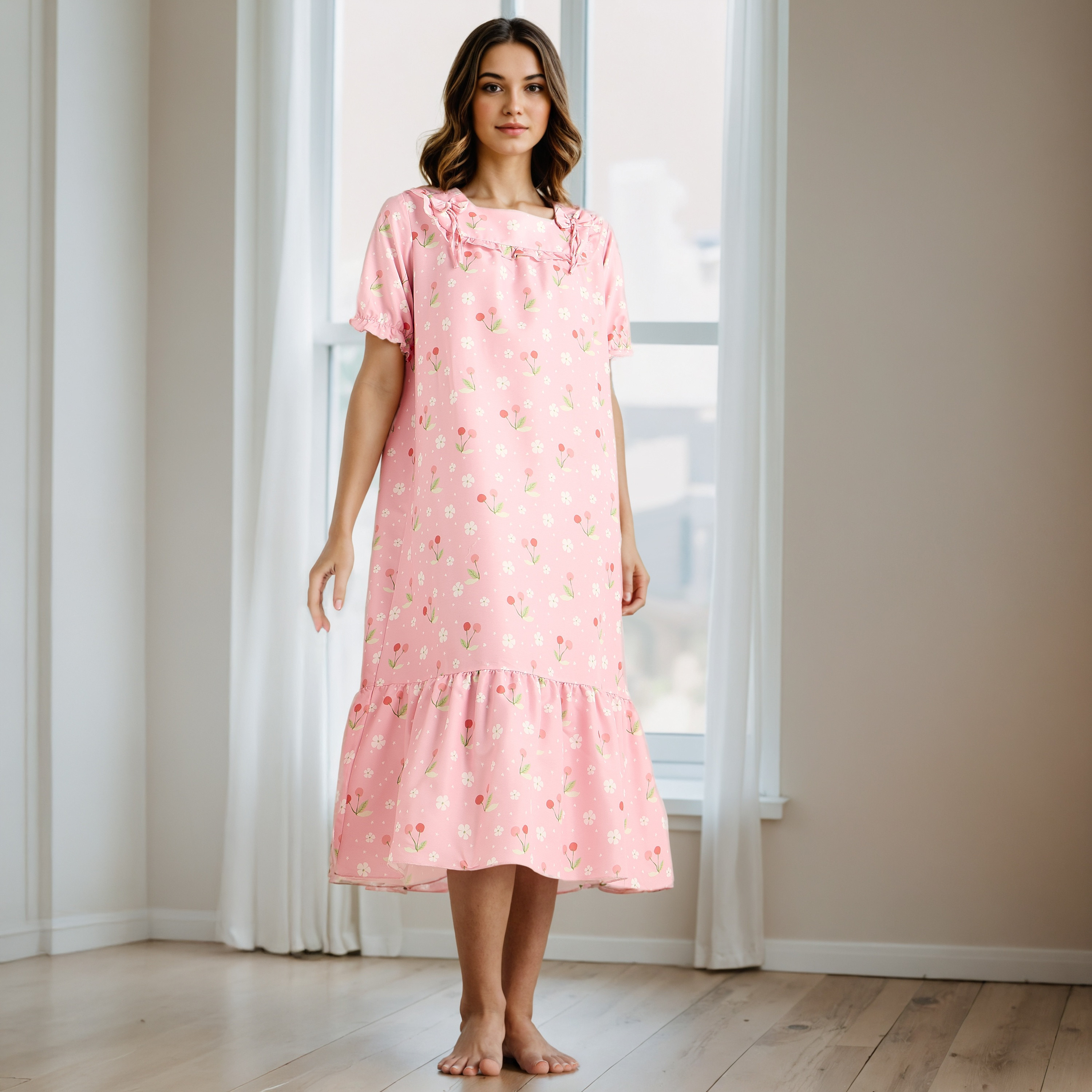 فستان نوم بياقة مربعة وطبعات زهرية-women-clothing-nightwear-nighties-image-1