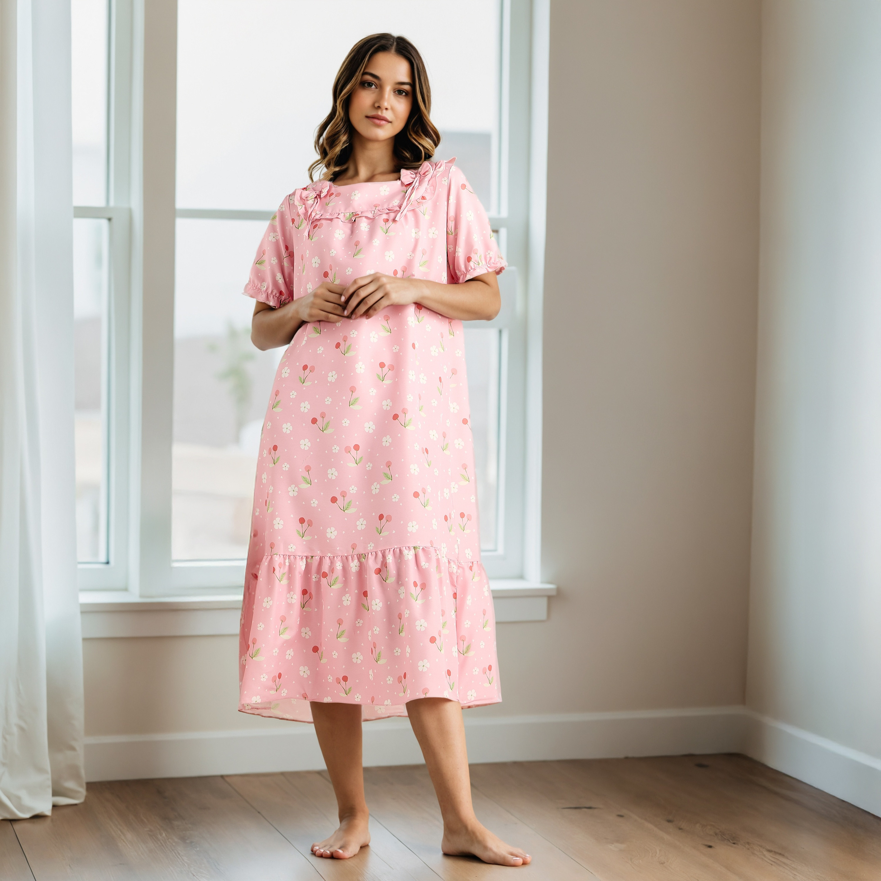 فستان نوم بياقة مربعة وطبعات زهرية-women-clothing-nightwear-nighties-image-2