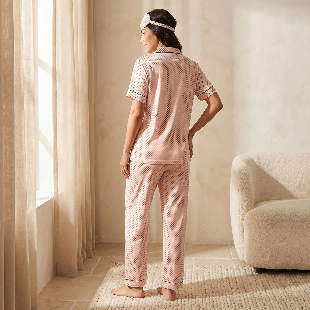 طقم بيجاما منقطة قميص وبنطلون مع قناع عين للنوم من آدارايا-women-clothing-nightwear-pyjamas-longsets-image-4
