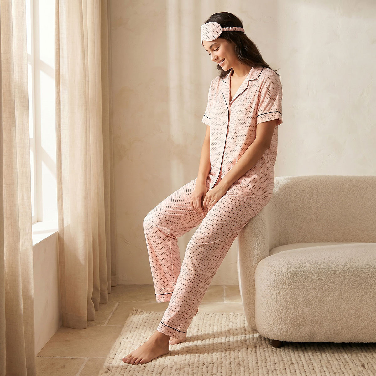 طقم بيجاما منقطة قميص وبنطلون مع قناع عين للنوم من آدارايا-women-clothing-nightwear-pyjamas-longsets-image-6