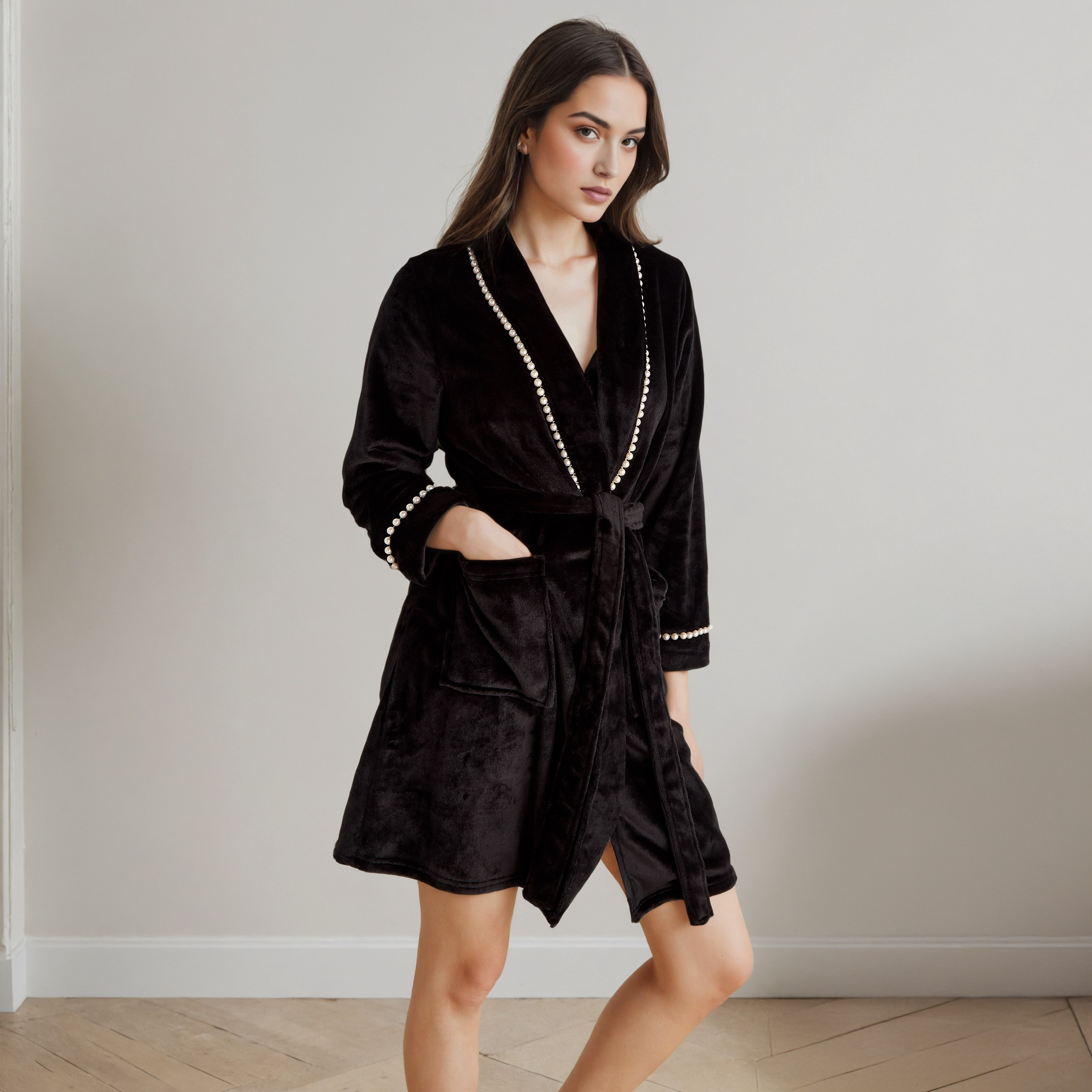 روب نوم مخملي مزين بحافة من اللؤلؤ-women-clothing-nightwear-robes-image-2