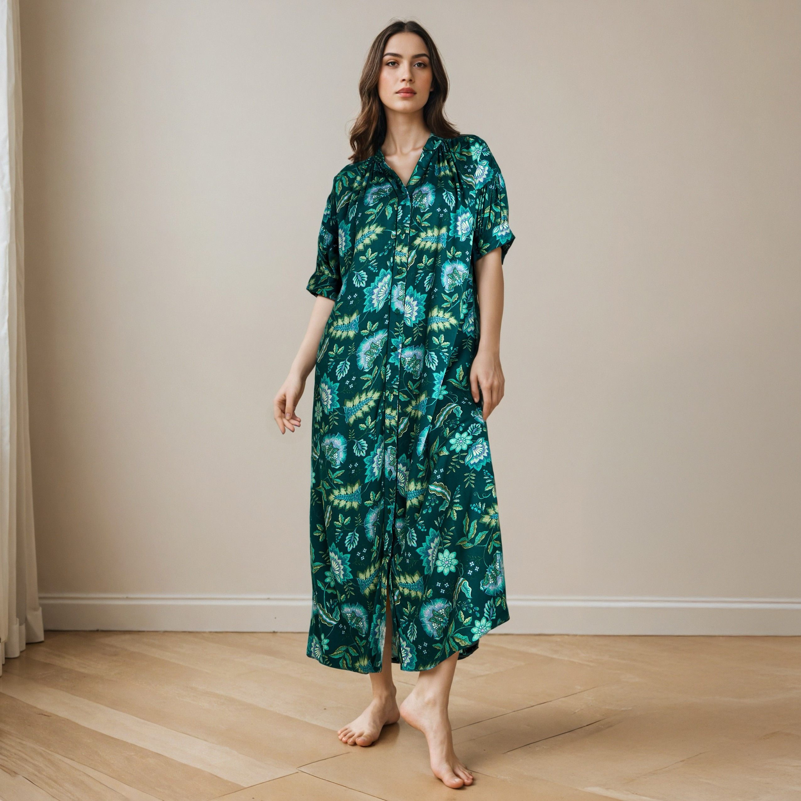 Floral Print Collared Viscose Night Dress-women-clothing-nightwear-nighties-image-1