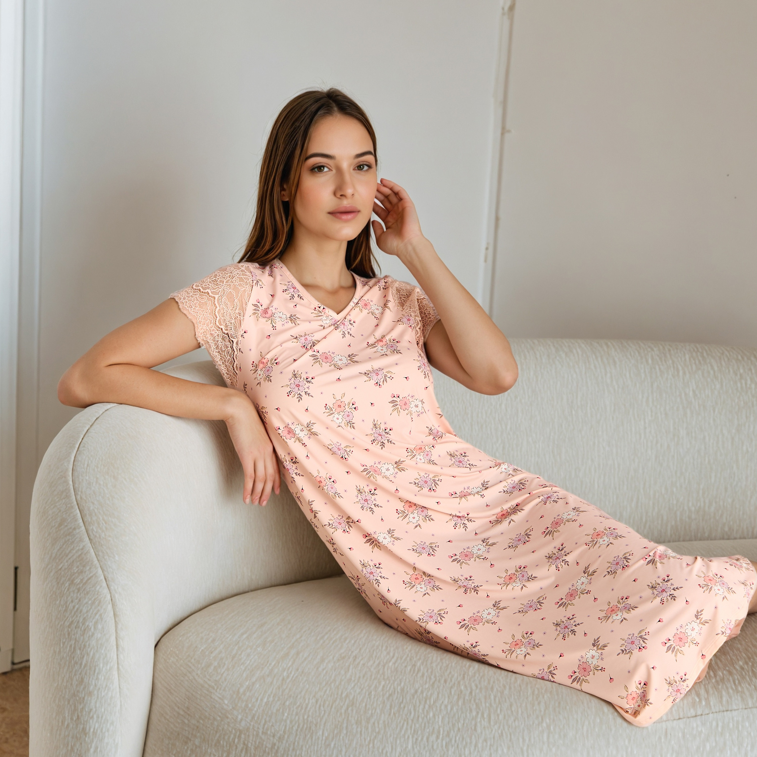 Floral Print V-neck Night Dress with Lace Sleeve-women-clothing-nightwear-nighties-image-1