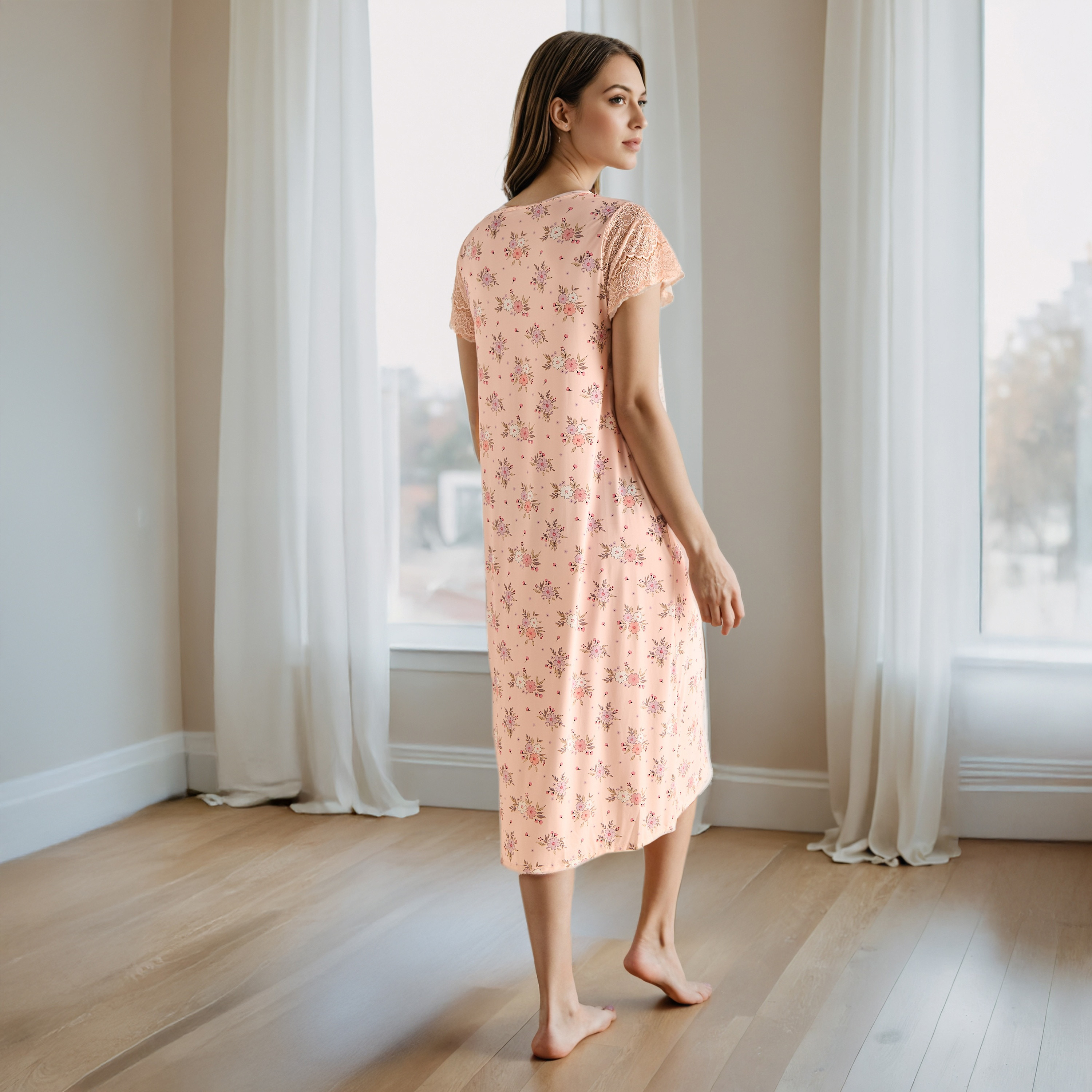 Floral Print V-neck Night Dress with Lace Sleeve-women-clothing-nightwear-nighties-image-2