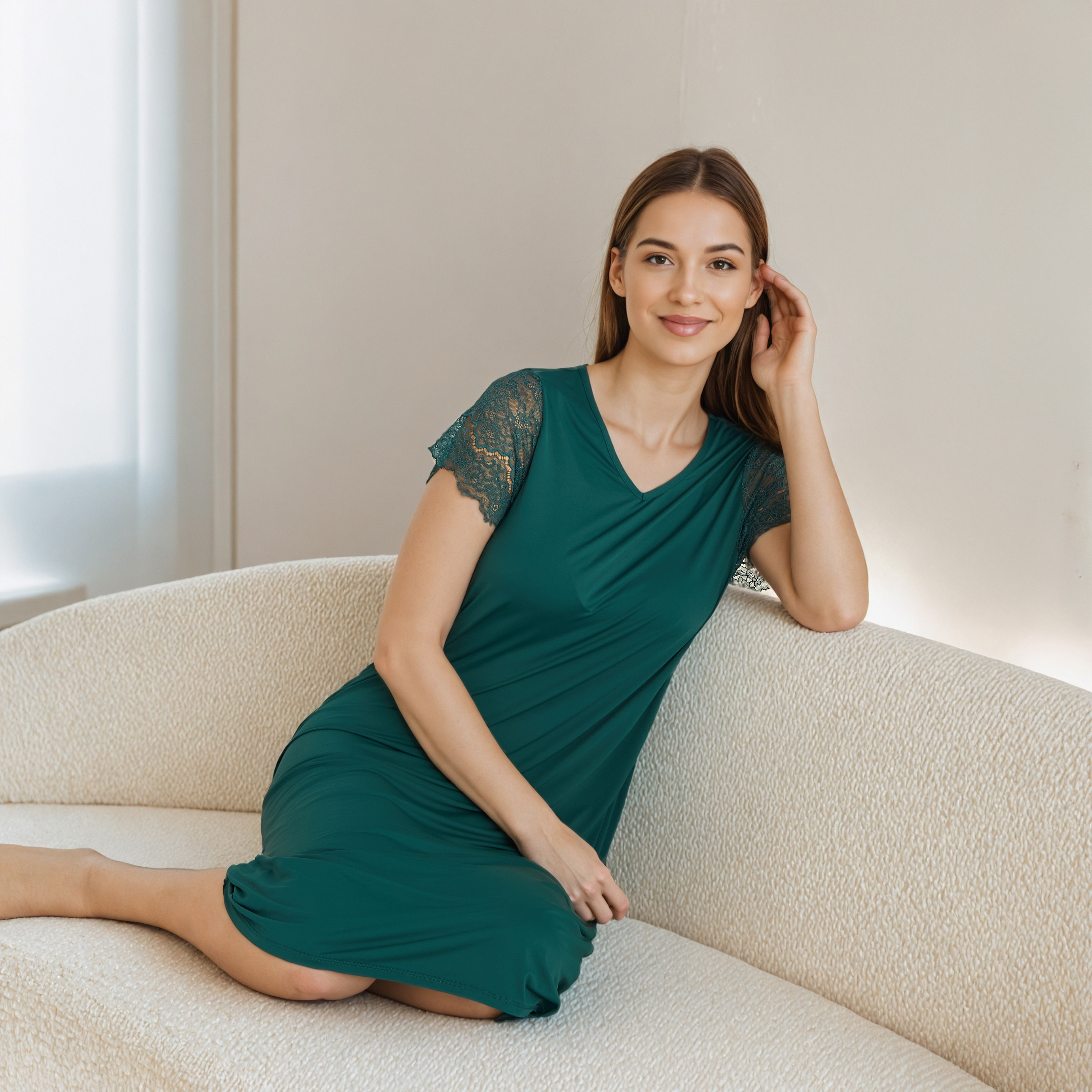 V-neck Night Dress with Lace Sleeve-women-clothing-nightwear-nighties-image-1