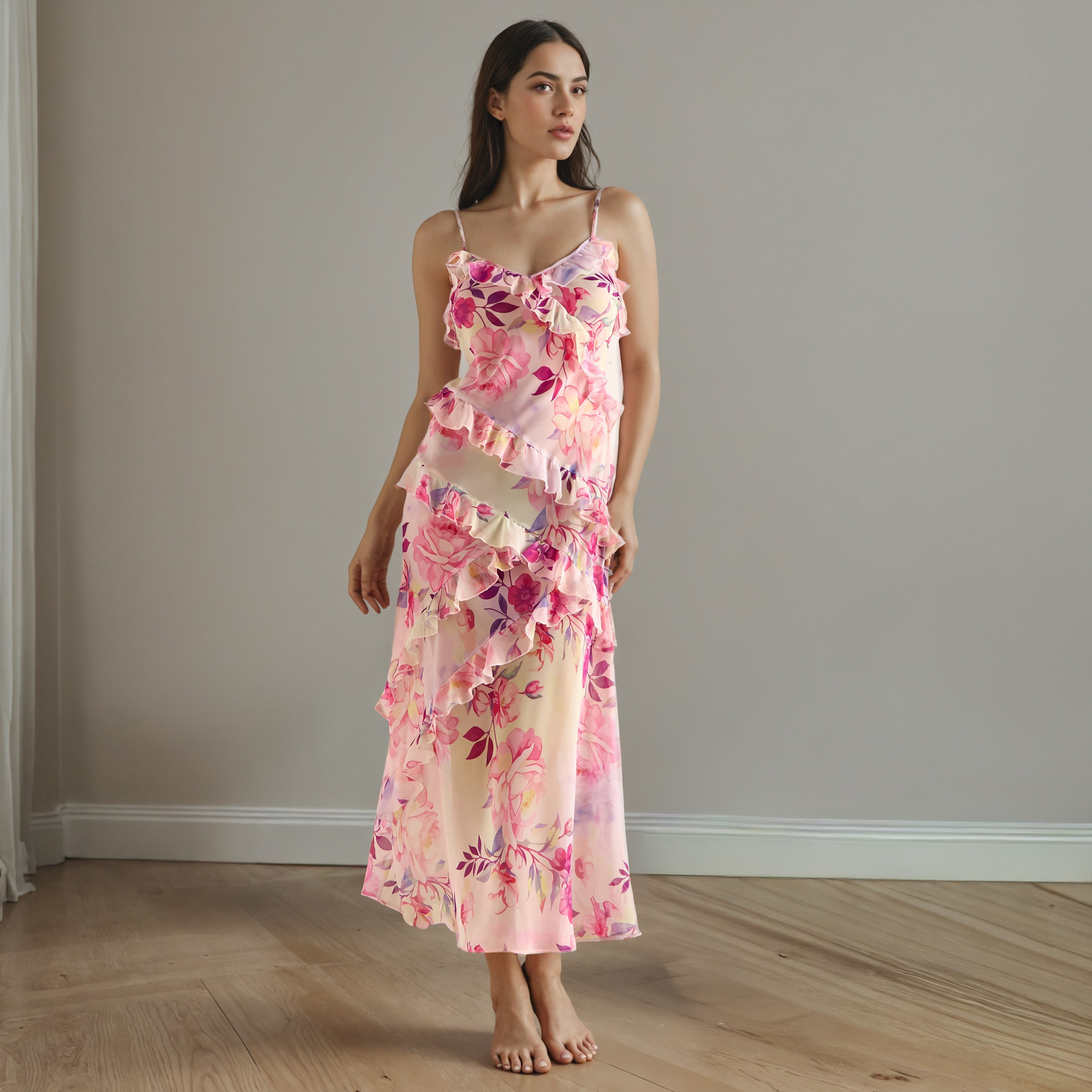 Floral Print V-neck Slip Dress with Ruffles-women-clothing-nightwear-nighties-image-1