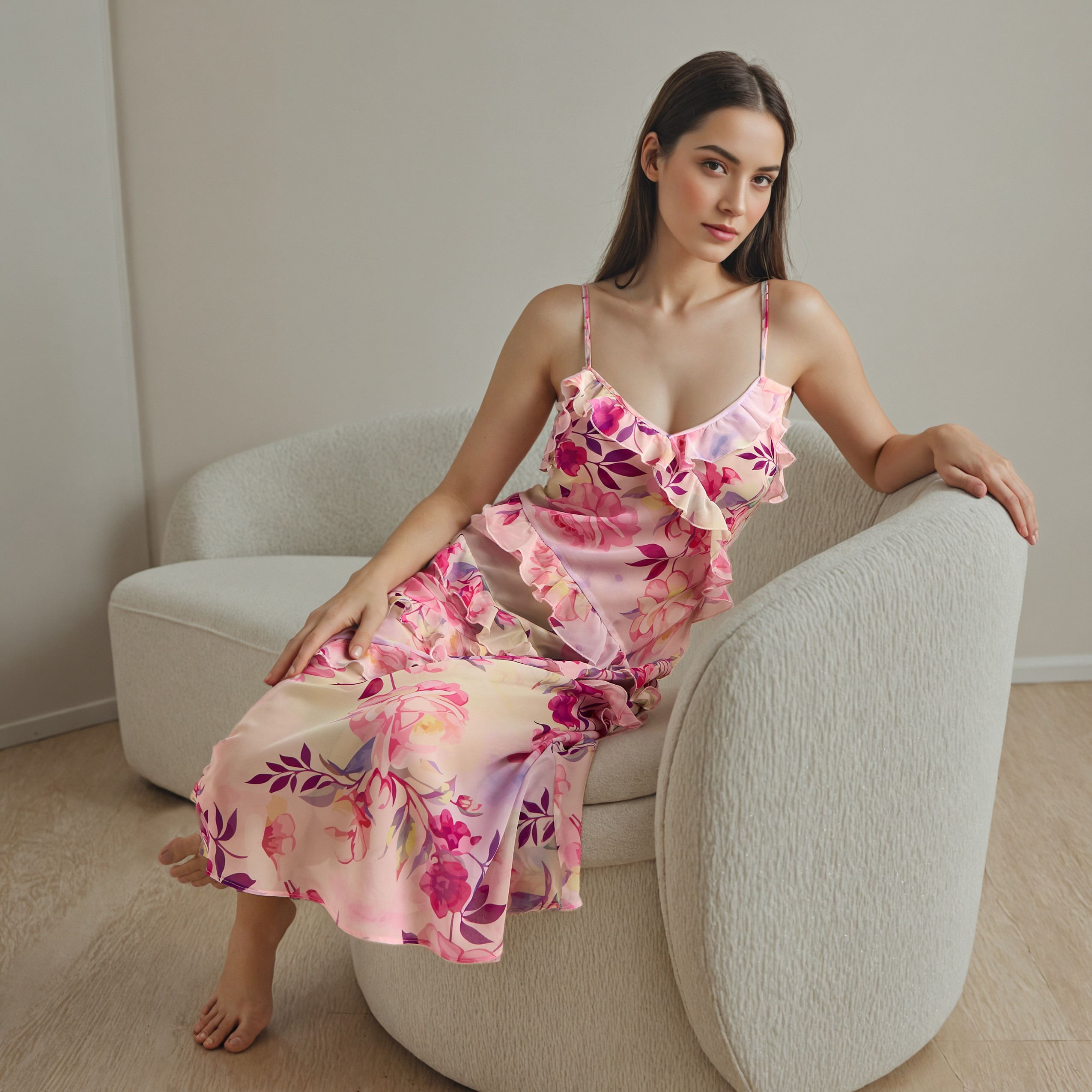 Floral Print V-neck Slip Dress with Ruffles-women-clothing-nightwear-nighties-image-2