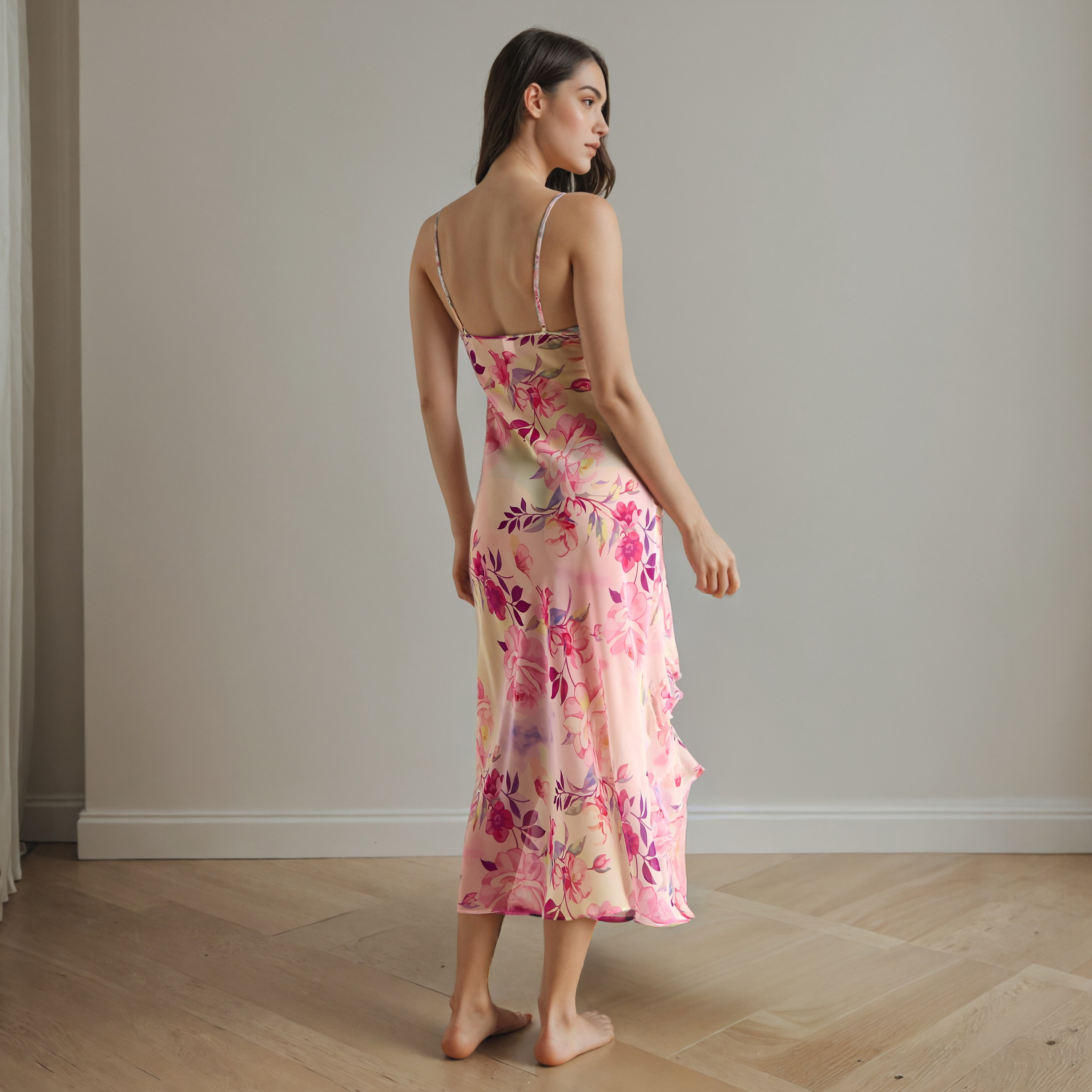 Floral Print V-neck Slip Dress with Ruffles-women-clothing-nightwear-nighties-image-3