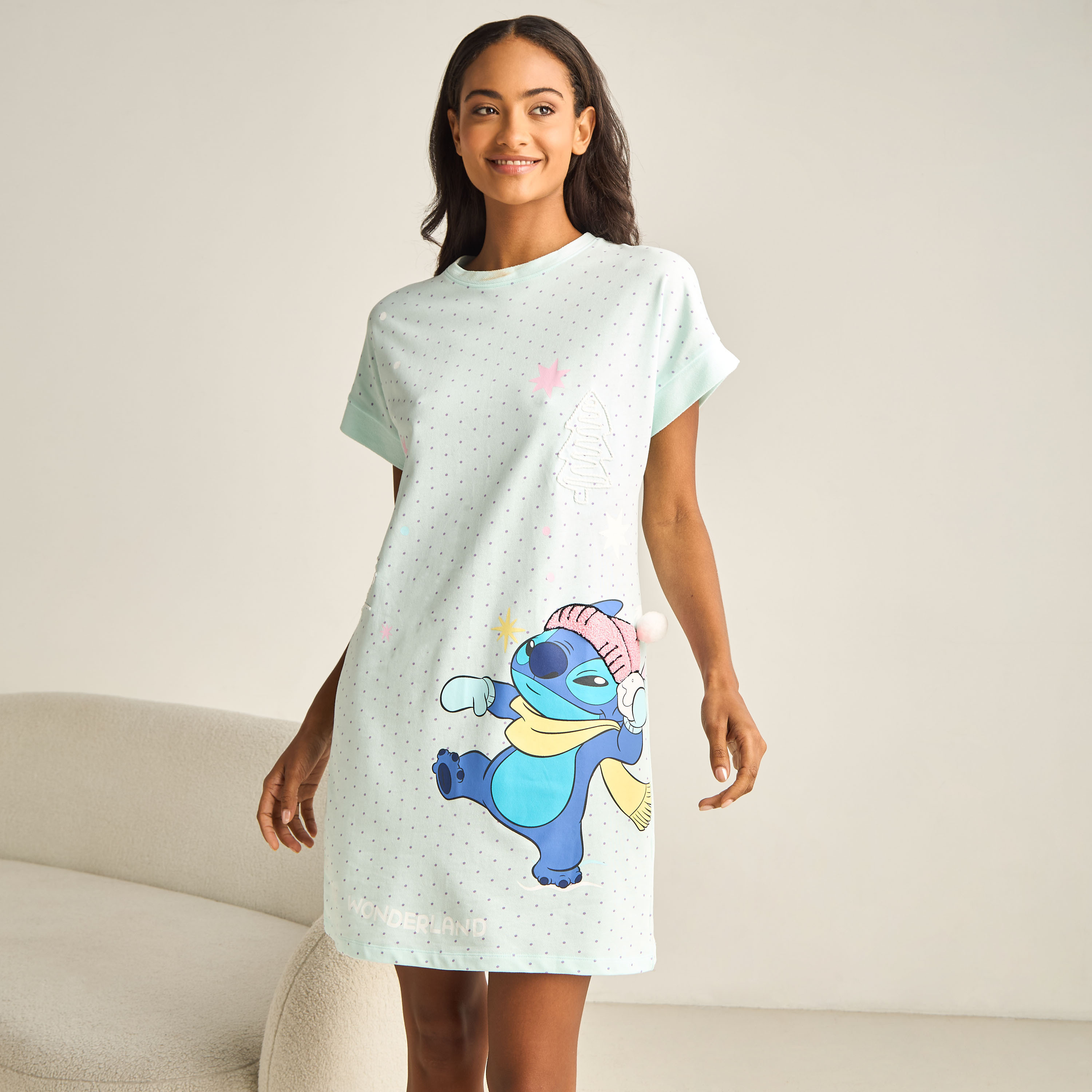 Stitch Print Nighty Cotton with Crew Neck-women-clothing-nightwear-nighties-image-1