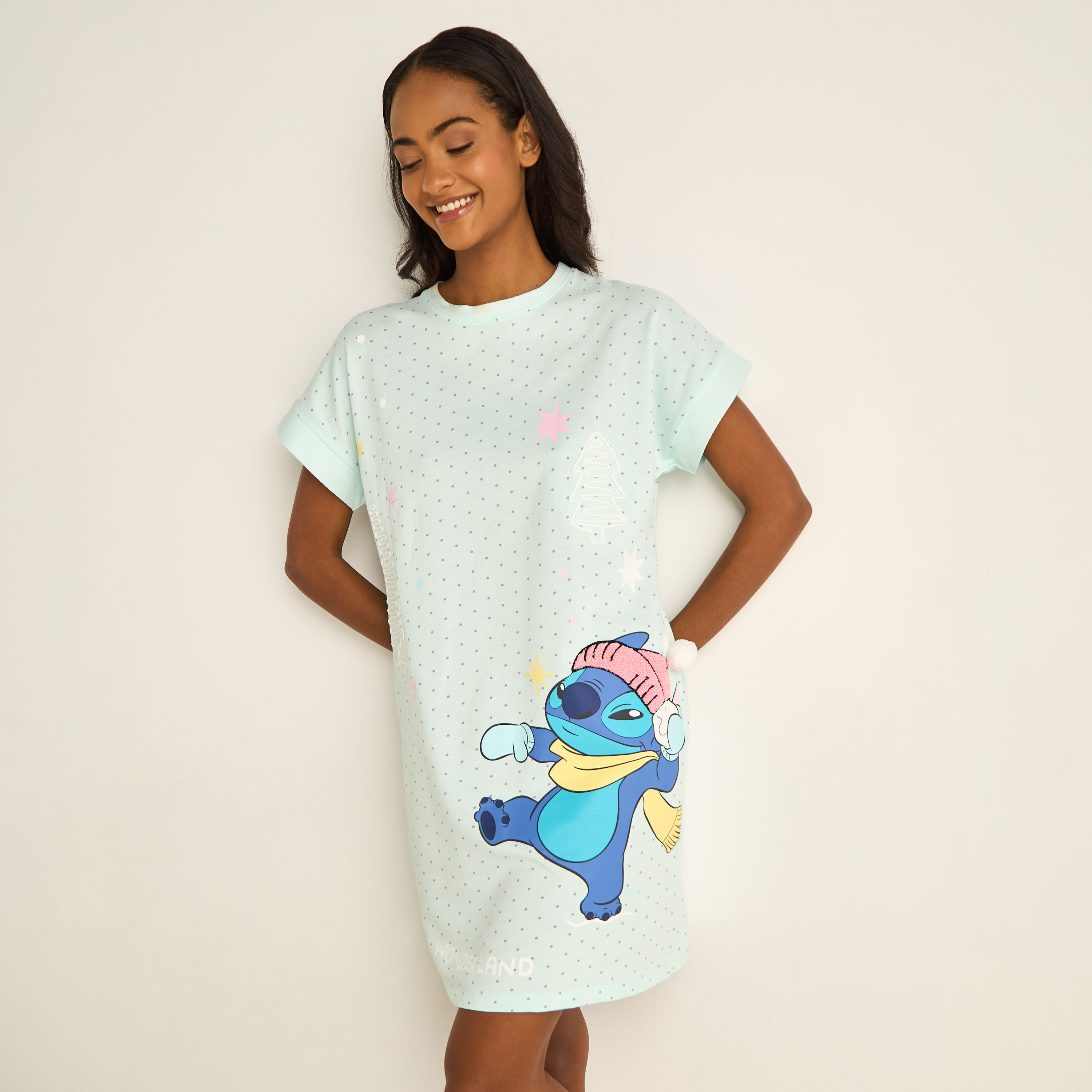 Stitch Print Nighty Cotton with Crew Neck-women-clothing-nightwear-nighties-image-2