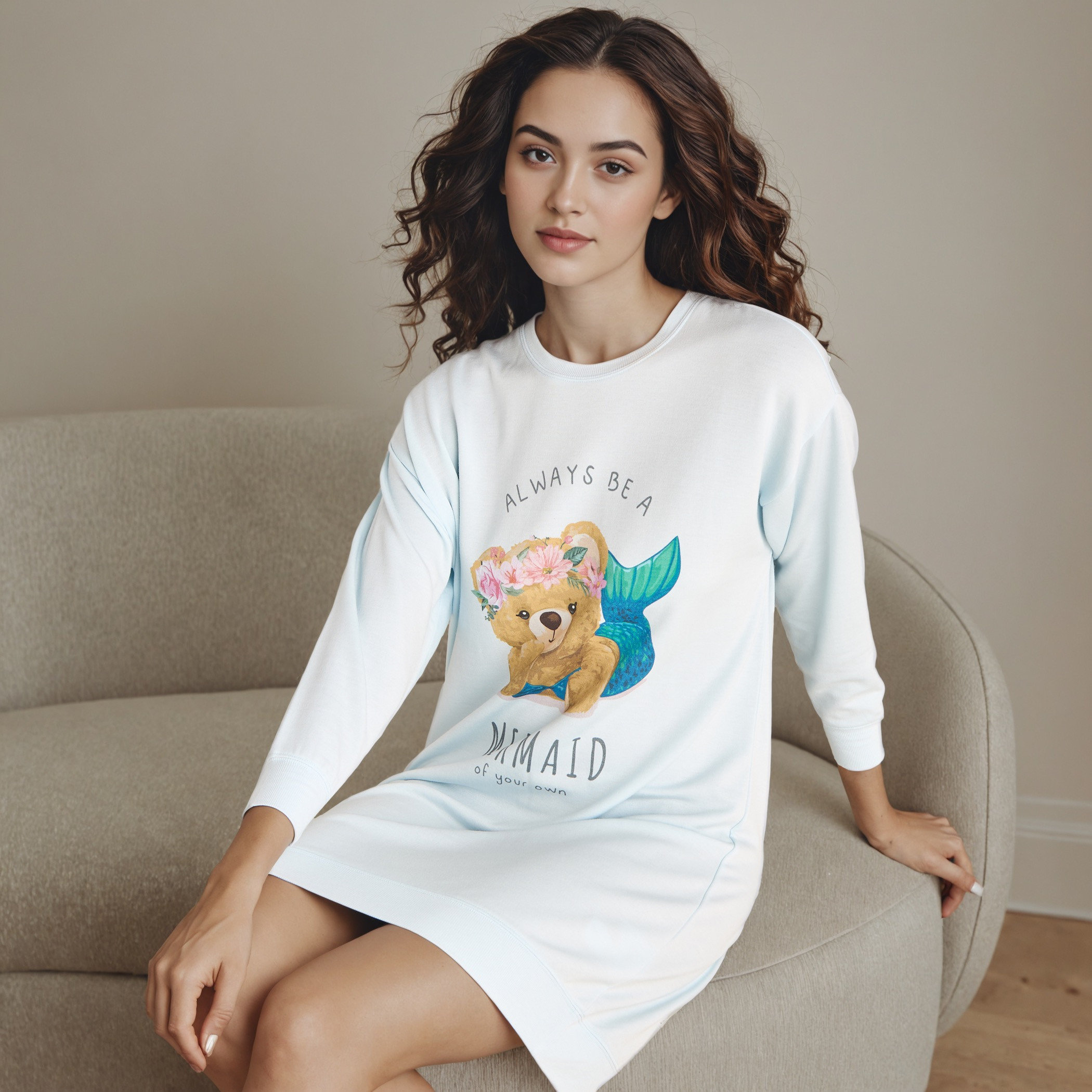 Mermaid Bear Print Sleepshirt with Long Sleeves-women-clothing-nightwear-nighties-image-1