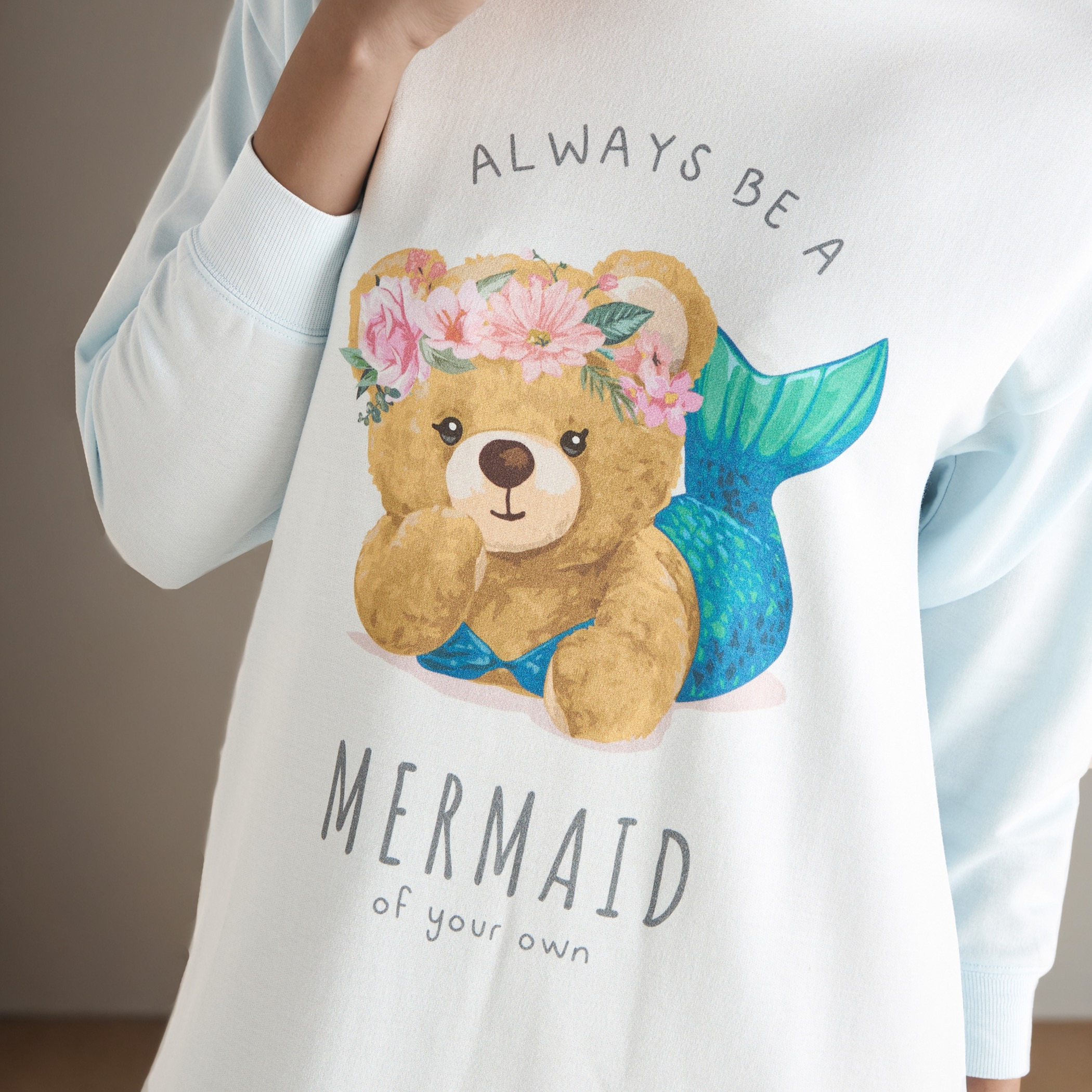 Mermaid Bear Print Sleepshirt with Long Sleeves-women-clothing-nightwear-nighties-image-3
