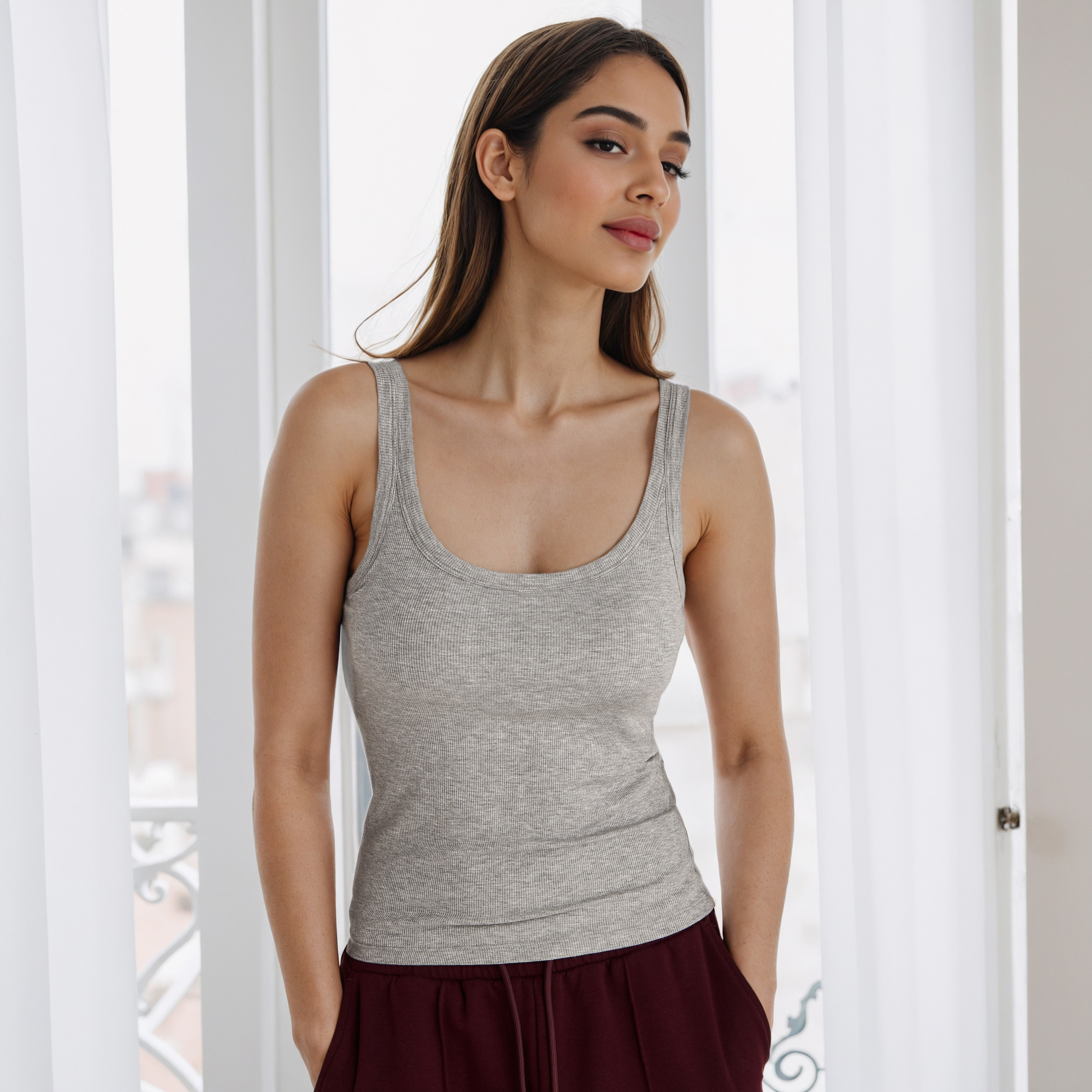 Ribbed Sleeveless Shaping Tank Top with Scoop Neck-women-clothing-tshirts-image-1