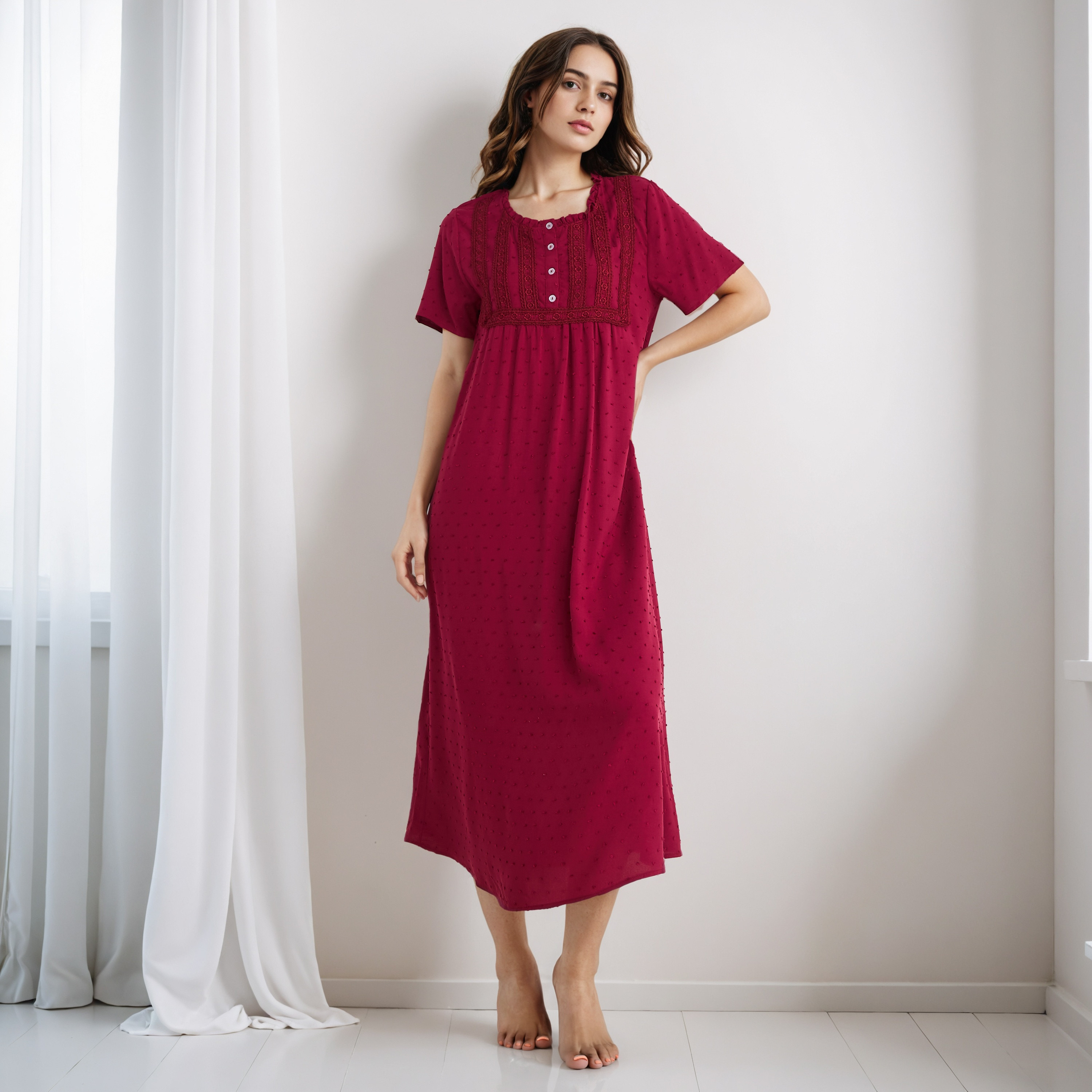Night Dress Short Sleeves with Lace Detail-women-clothing-nightwear-nighties-image-6