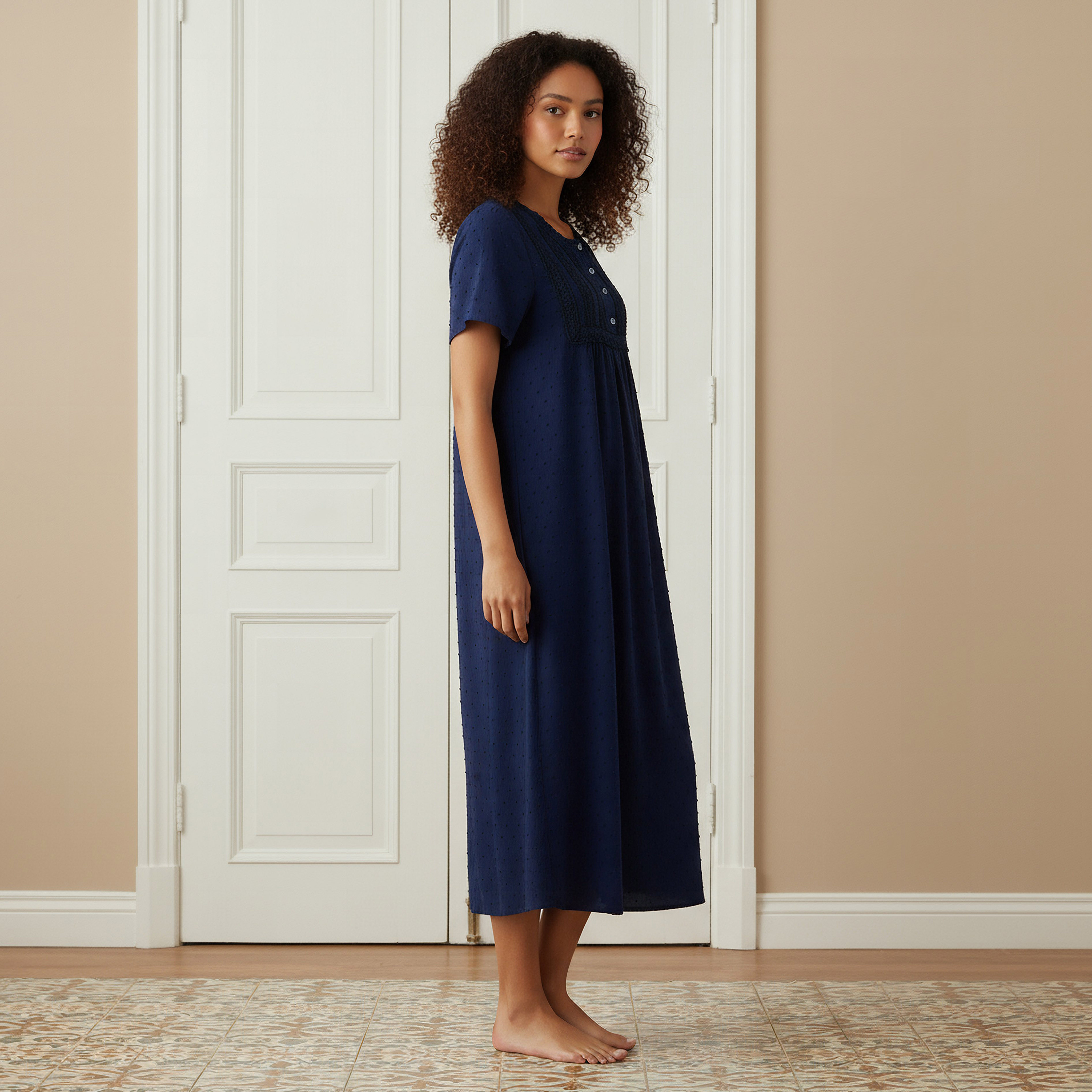 Night Dress Short Sleeves with Lace Detail-women-clothing-nightwear-nighties-image-2