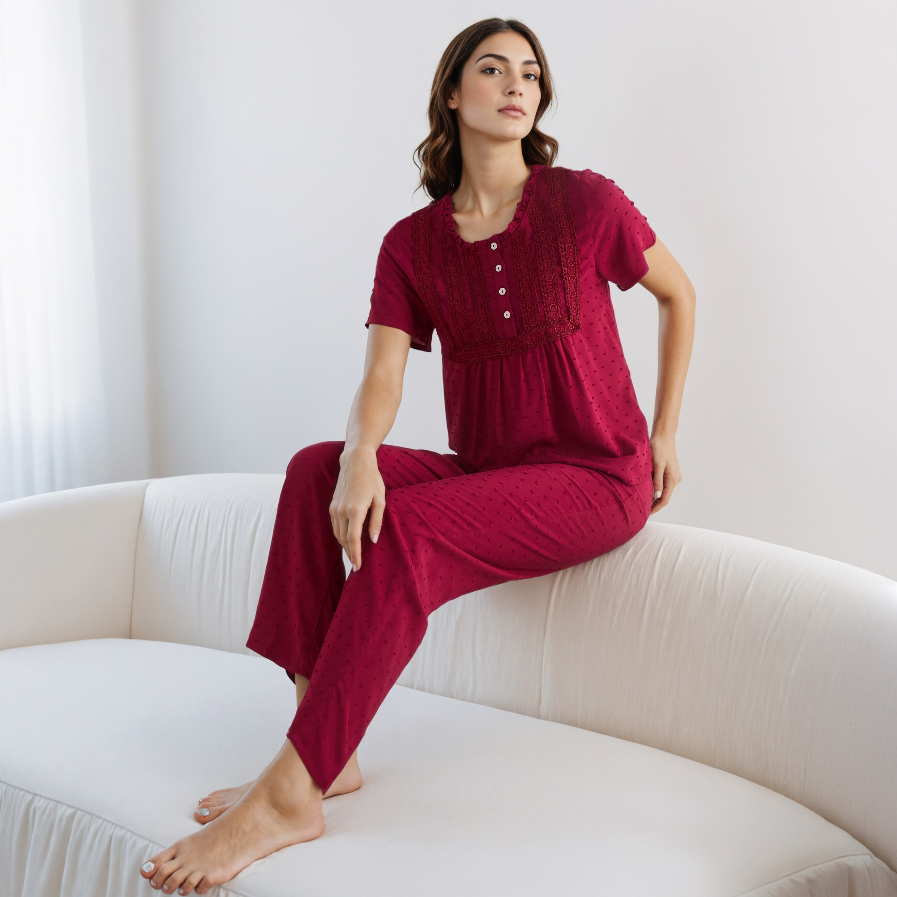 Pyjama Set Button Placket Top and Trousers Rayon-women-clothing-nightwear-pyjamas-longsets-image-1