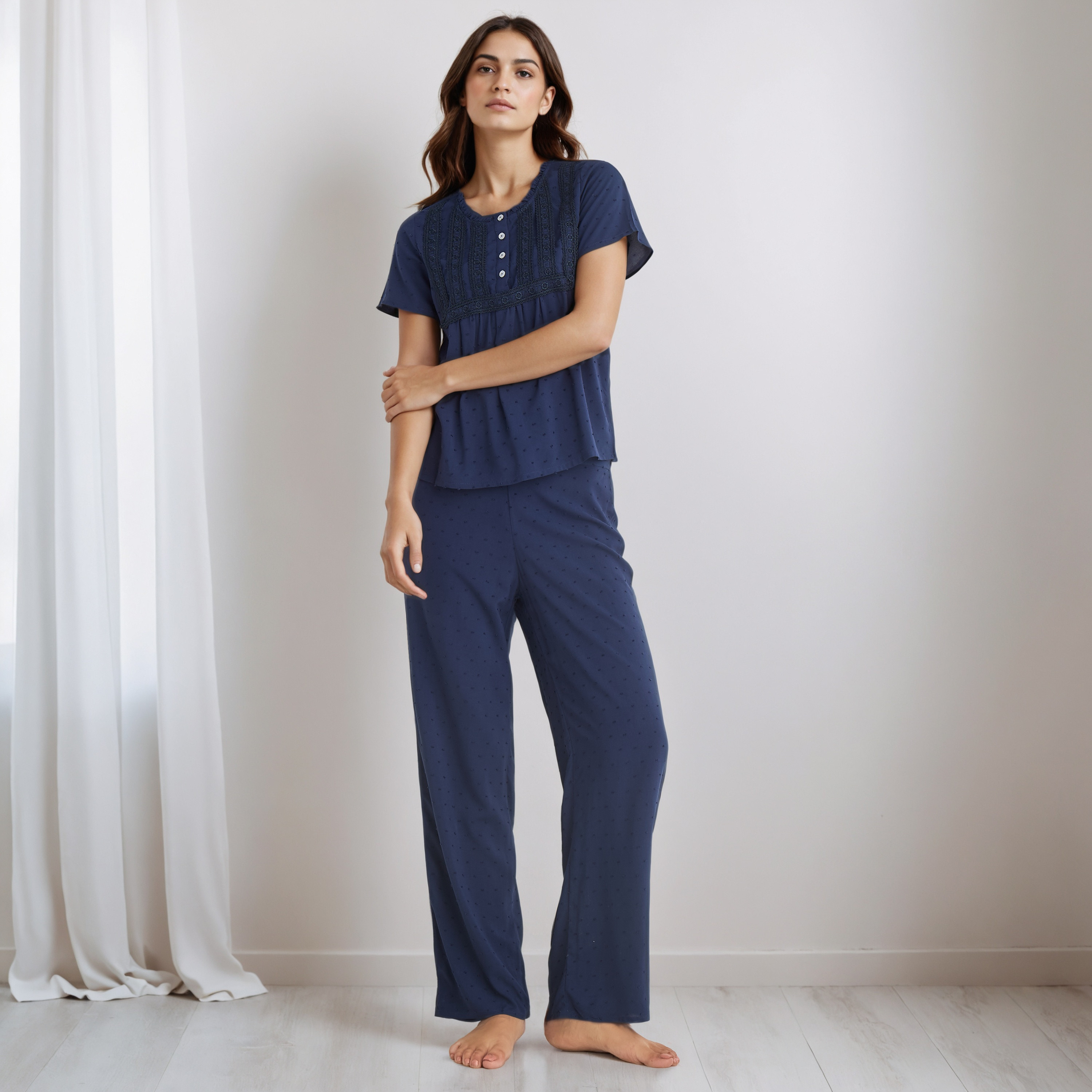 Pyjama Set Button Placket Top and Trousers Rayon-women-clothing-nightwear-pyjamas-longsets-image-1