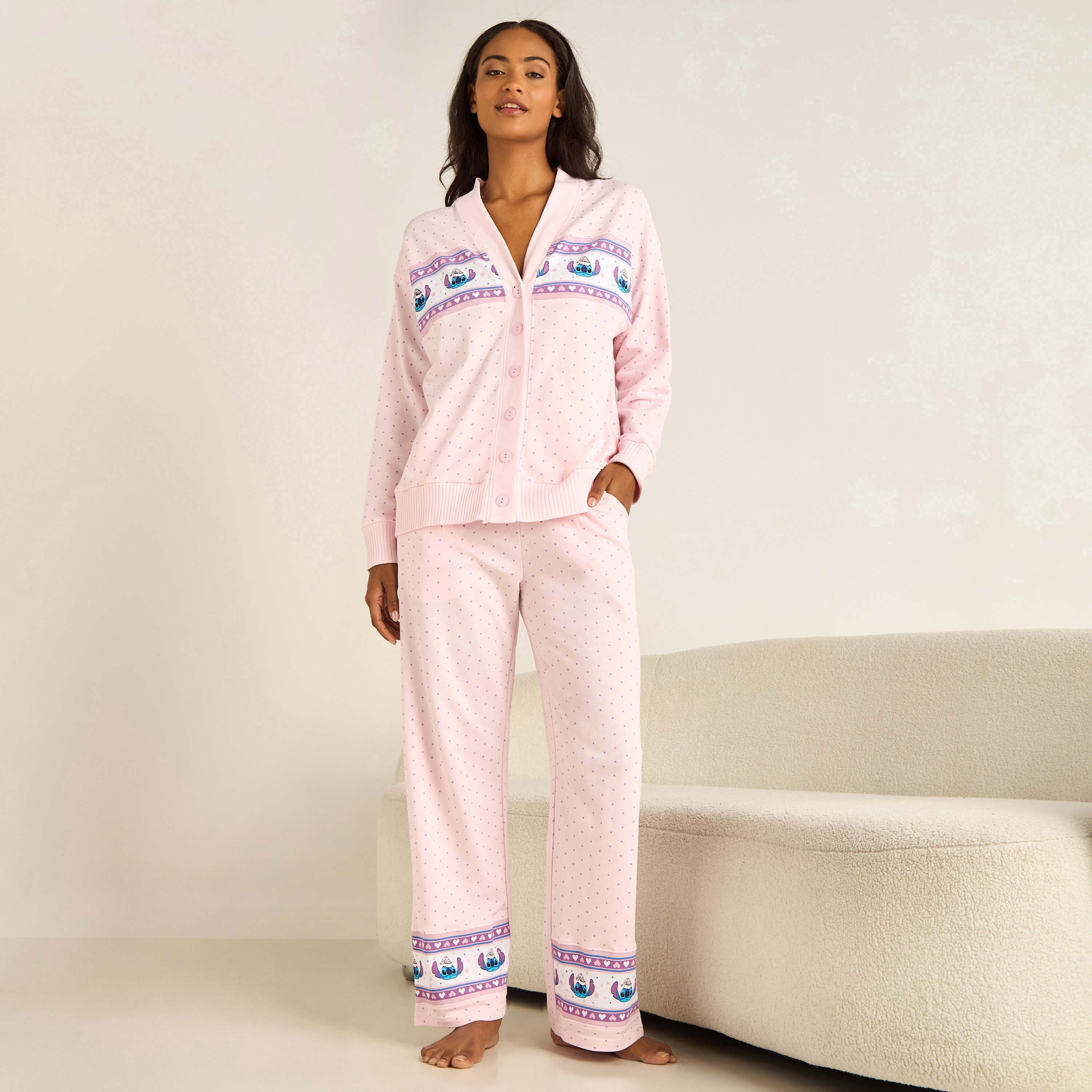Stitch Print Pyjama Set Button-Down Shirt & Trousers-women-clothing-nightwear-pyjamas-longsets-image-1