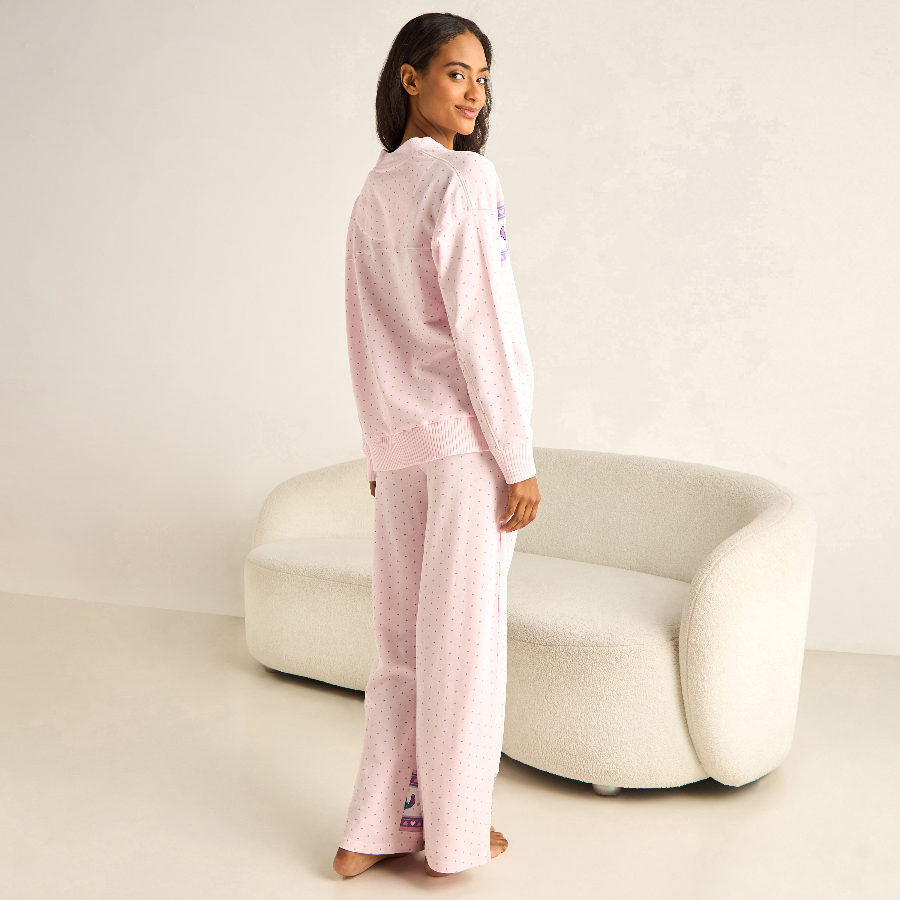 Stitch Print Pyjama Set Button-Down Shirt & Trousers-women-clothing-nightwear-pyjamas-longsets-image-3