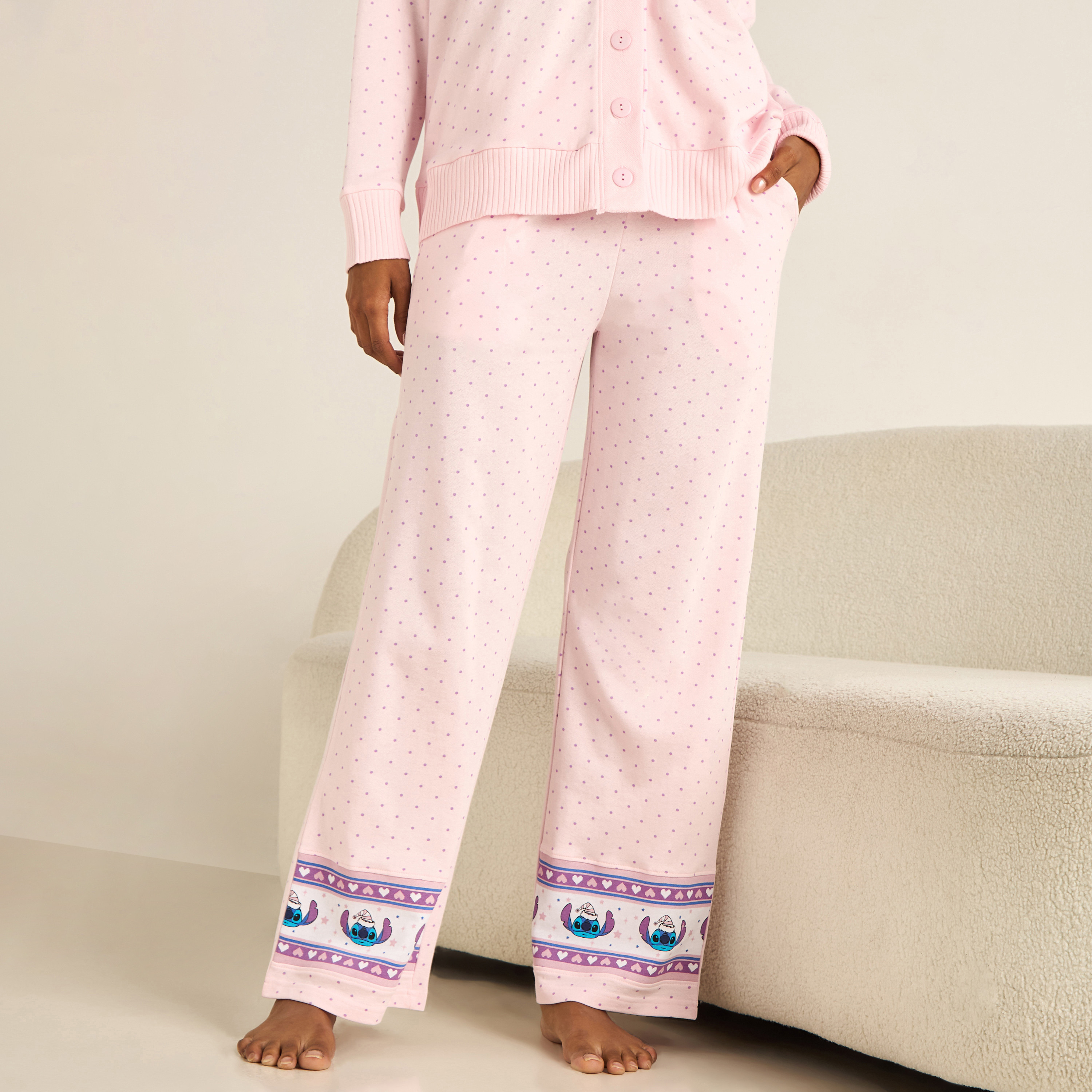 Stitch Print Pyjama Set Button-Down Shirt & Trousers-women-clothing-nightwear-pyjamas-longsets-image-4